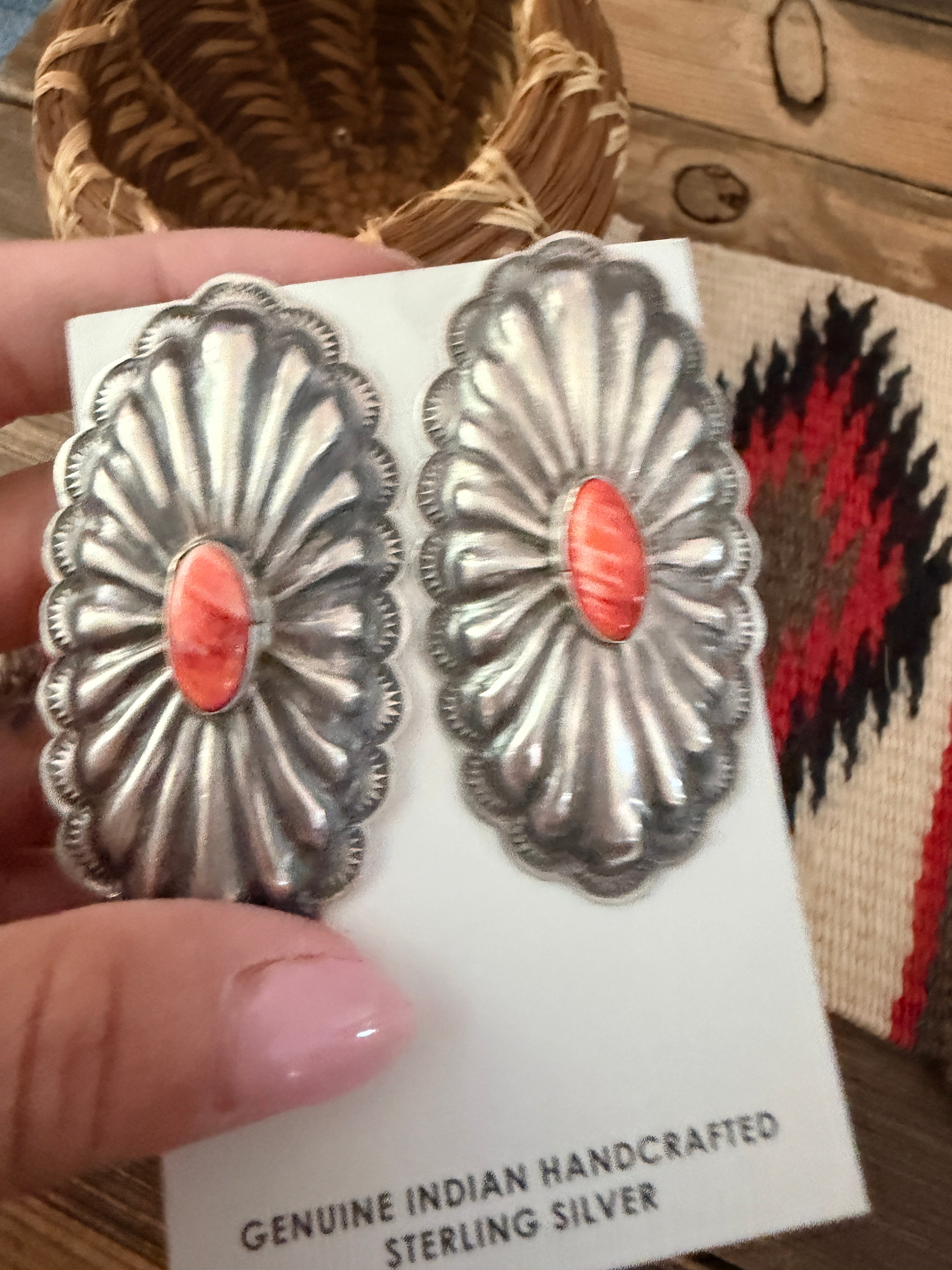 Handcrafted Spiny Oyster & Sterling Silver Concho Post Earrings by Rita Lee