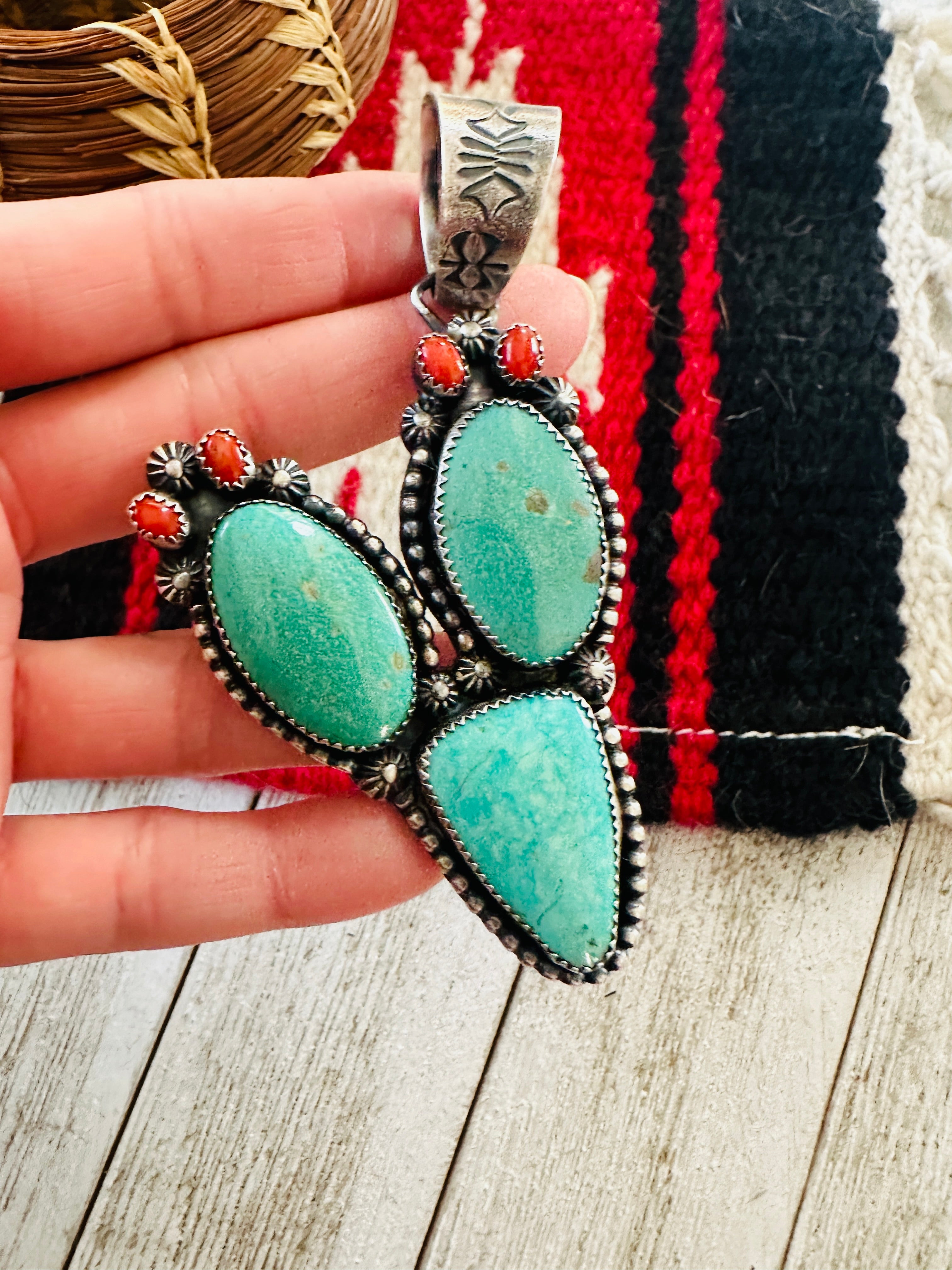 Navajo Turquoise, Coral and Sterling Silver Cactus Pendant