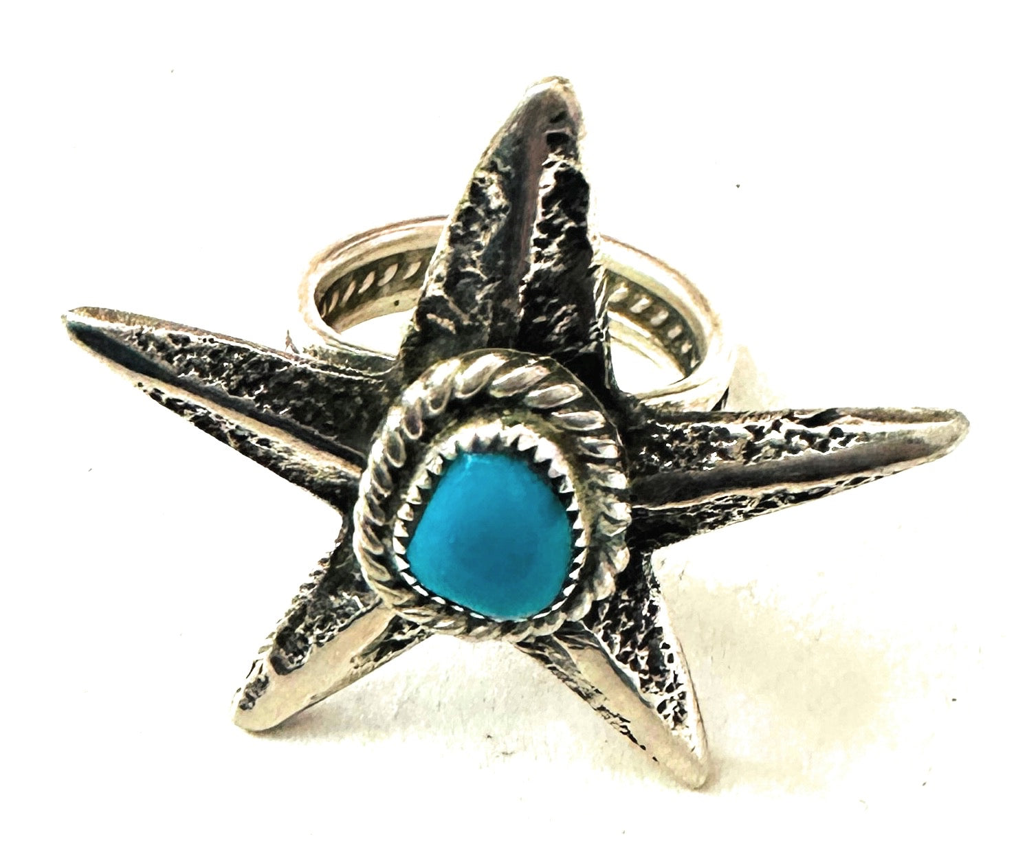 Hand Cast Turquoise & Sterling Silver Star Ring Size 9.75