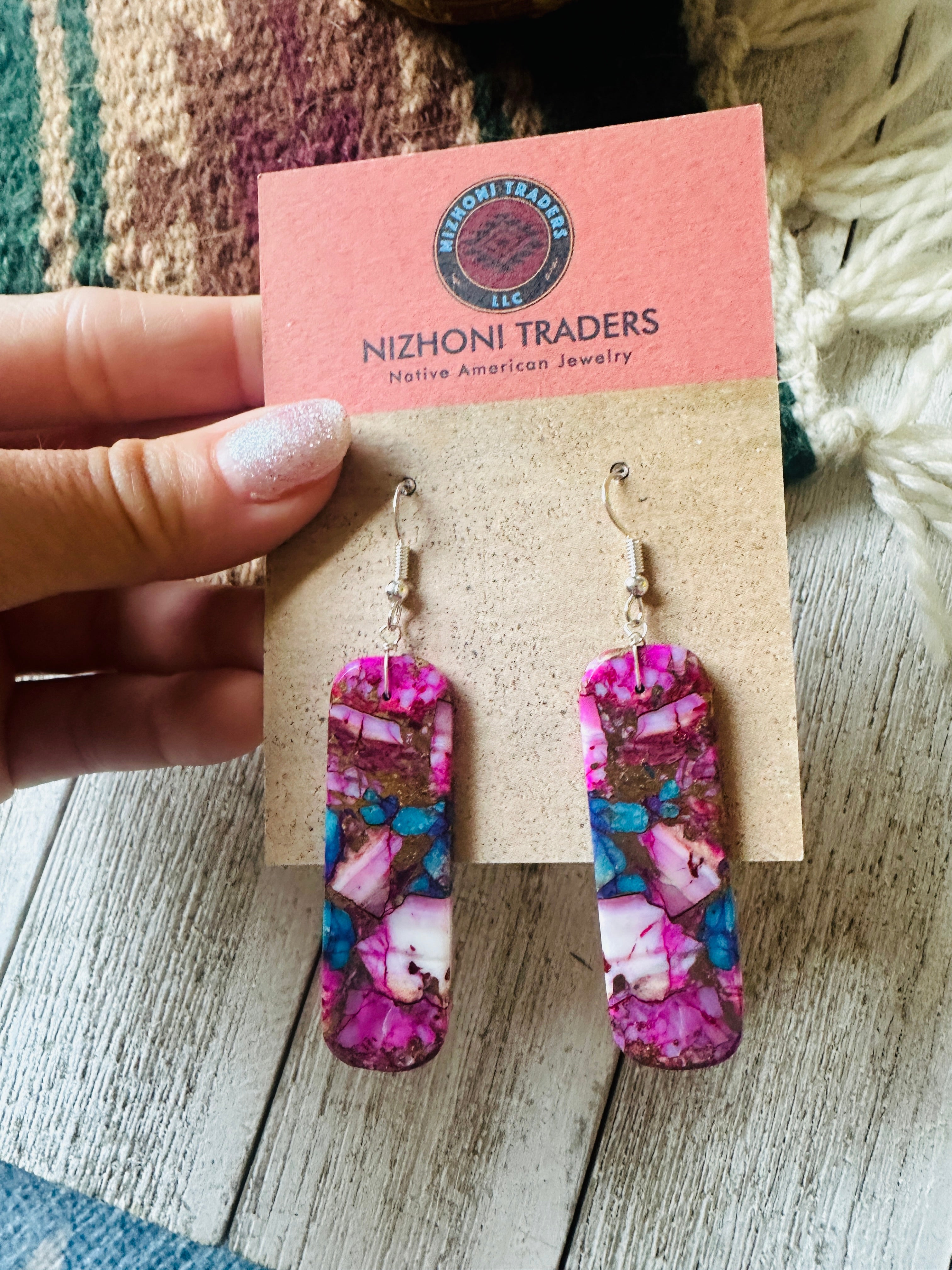 Navajo Sterling Silver & Pink Dream Mojave Slab Dangle Earrings