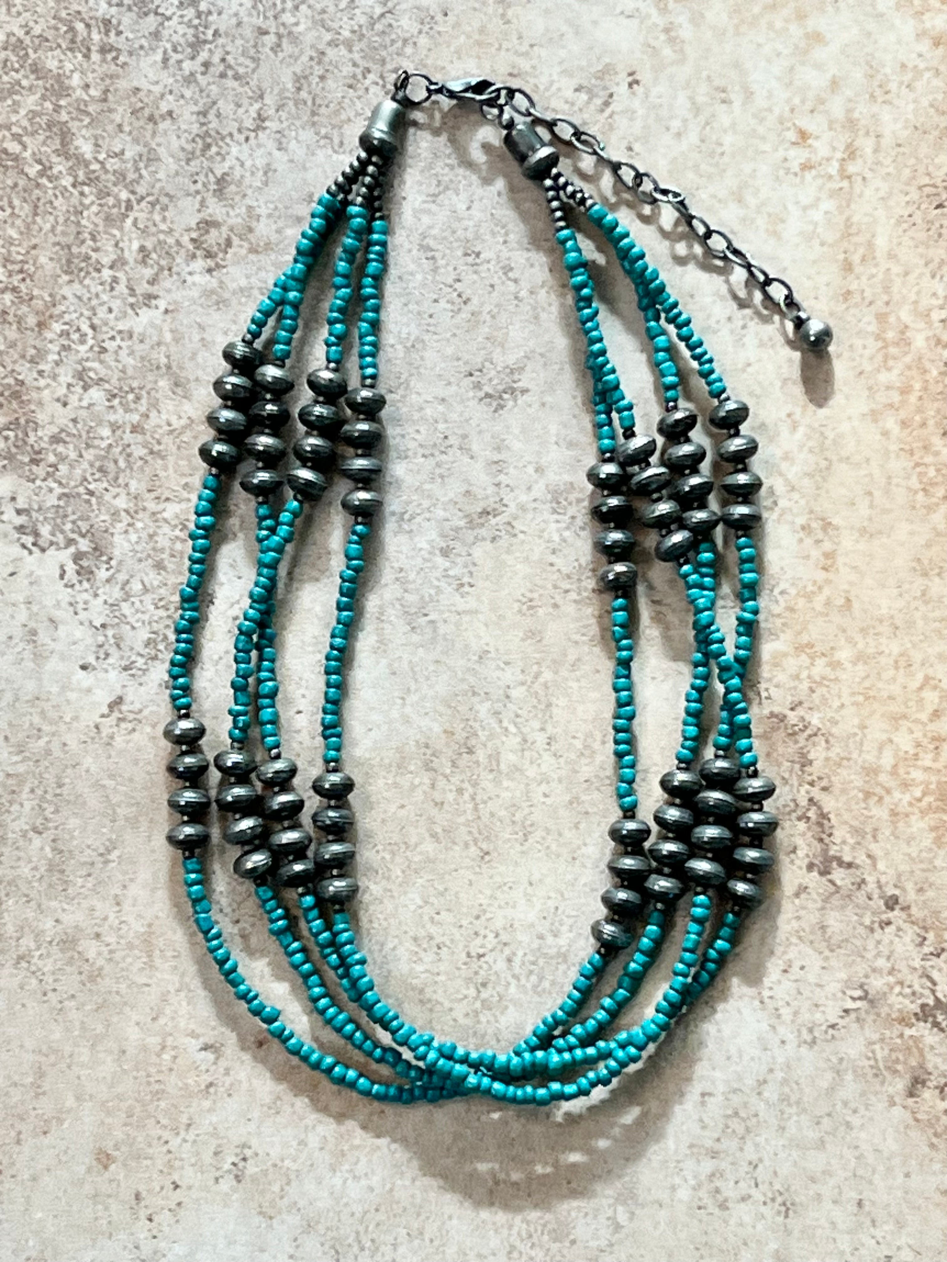 Vintage 4 Strand Turquoise Colored Beaded Necklace