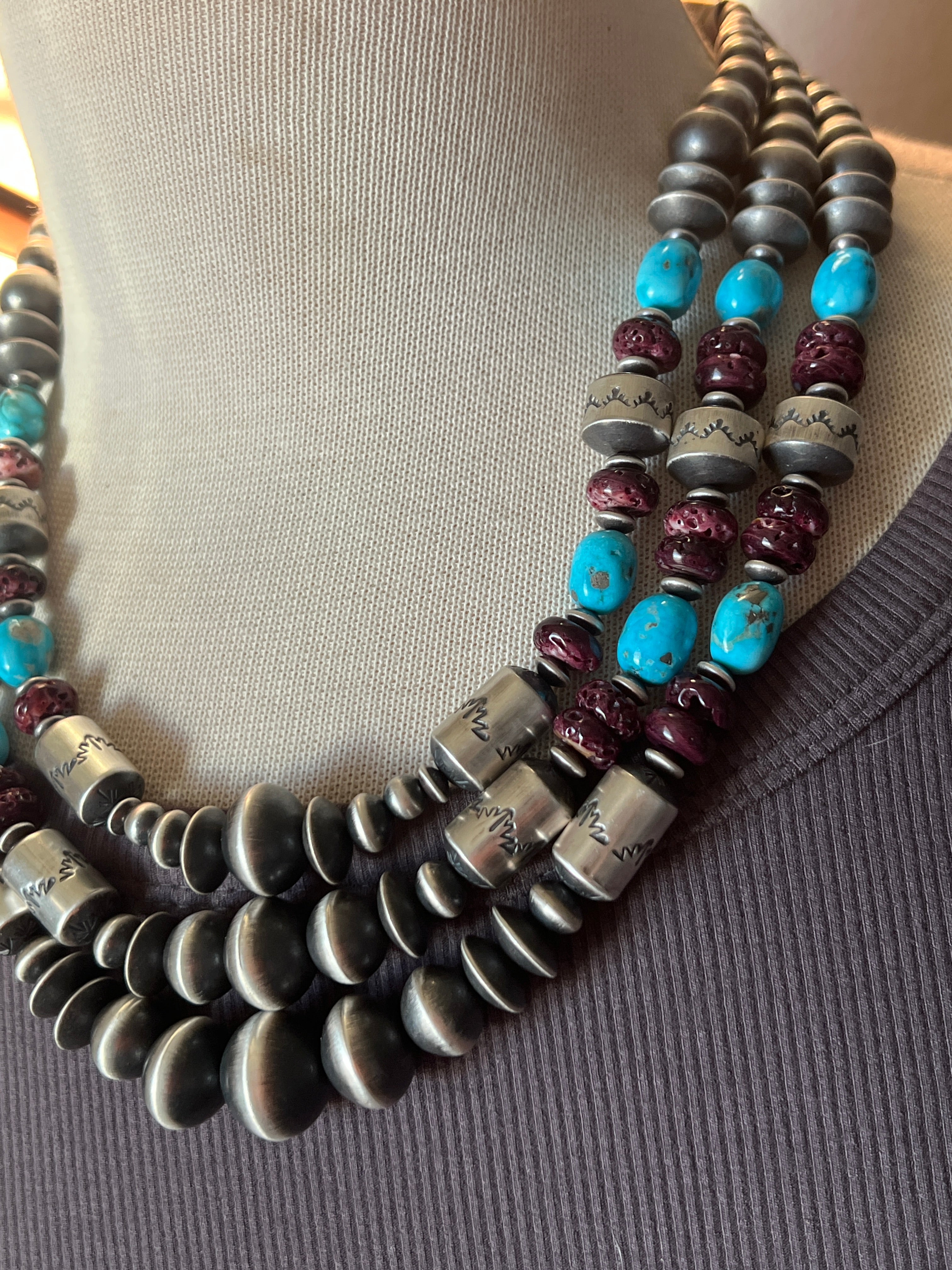 Rose Martin Handcrafted Triple Strand Sterling Silver, Spiny Oyster and Sonoran Mountain Bead Necklace