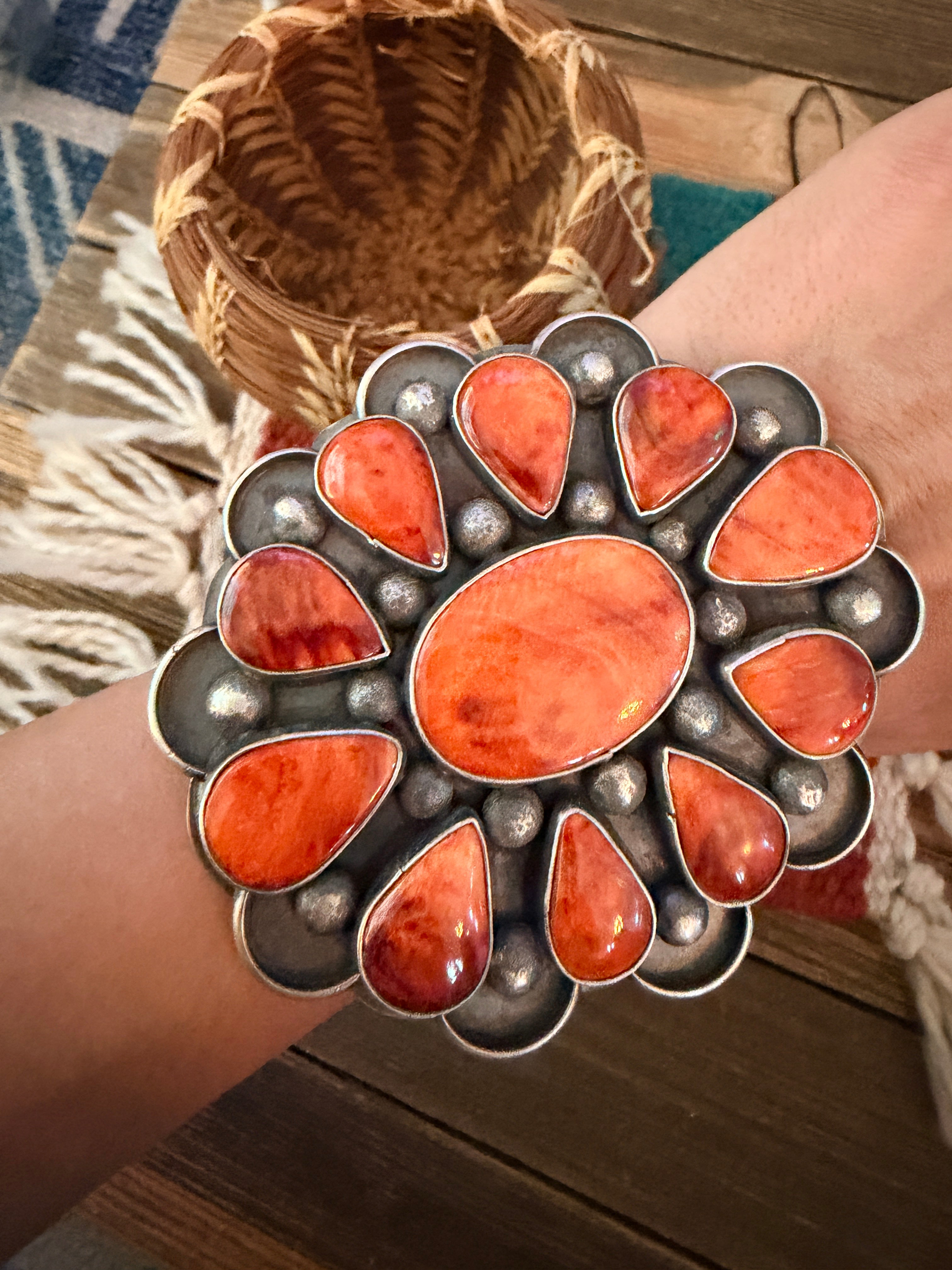 Handcrafted Orange Spiny & Sterling Silver Flower Cuff Bracelet by Chimney Butte