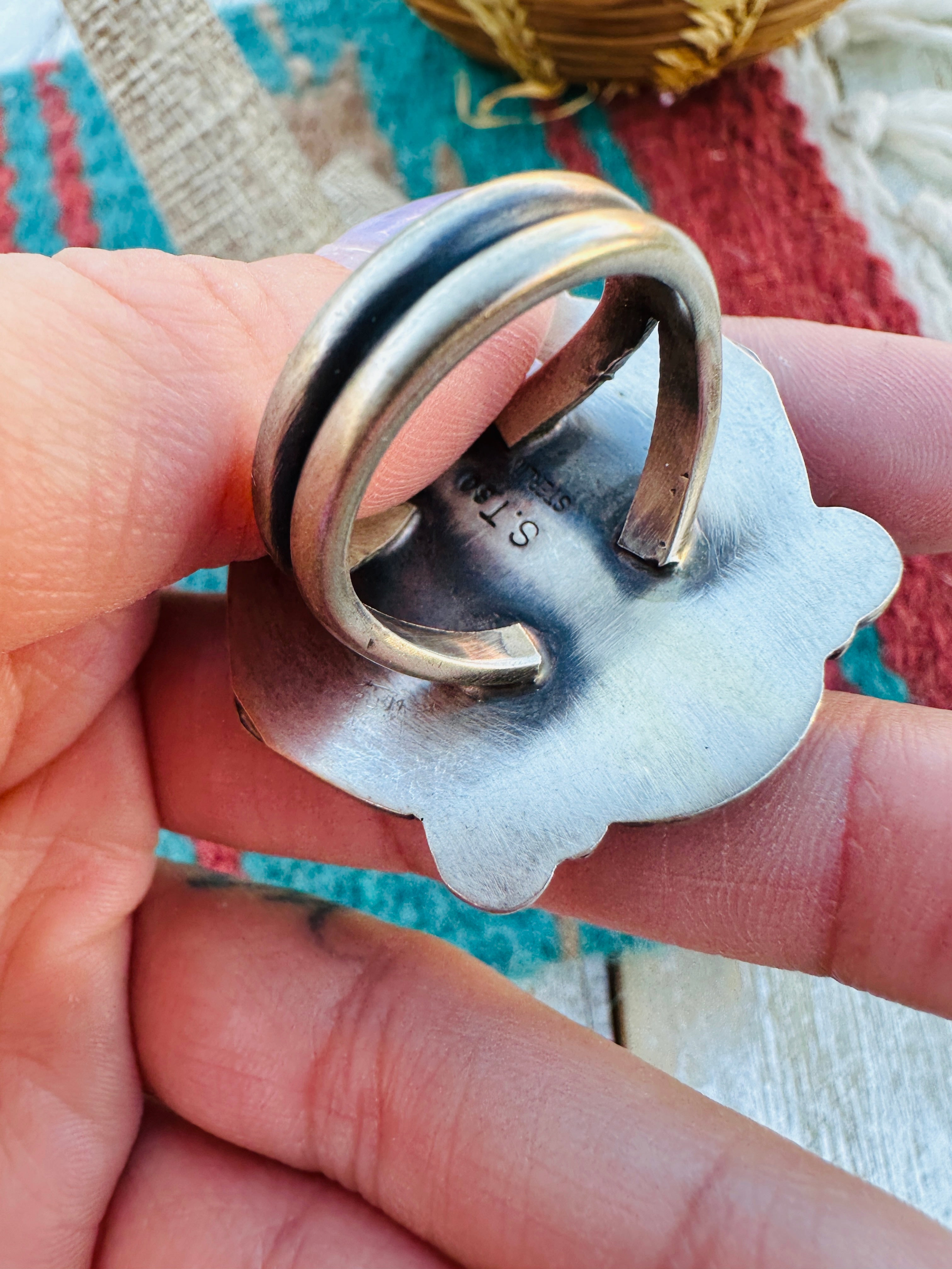 Hand Crafted Turquoise & Sterling Silver Ring Size 9 by Sheila Tso