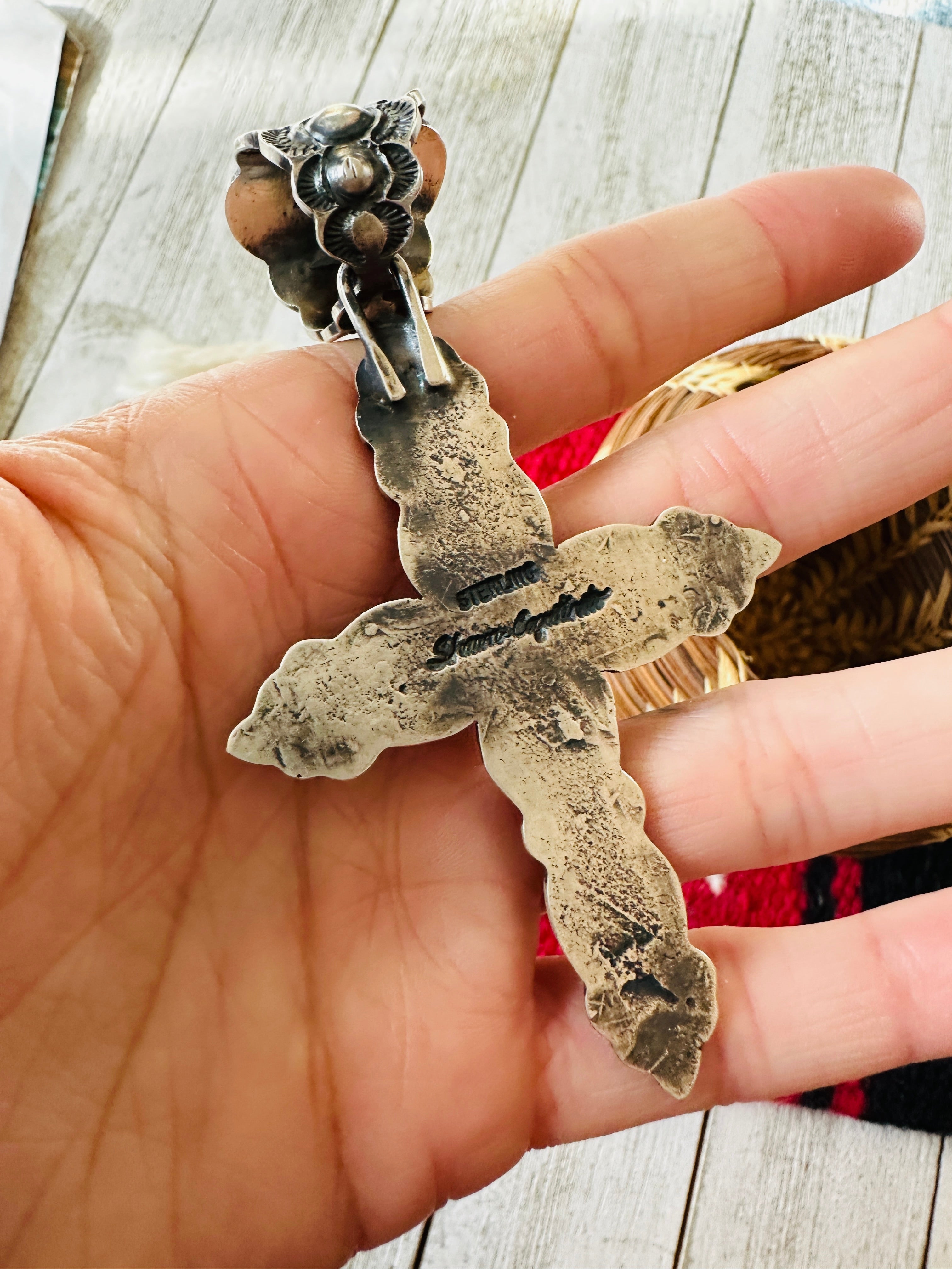 Navajo Sterling Silver & Coral Cross Pendant by Shawn Cayatineto