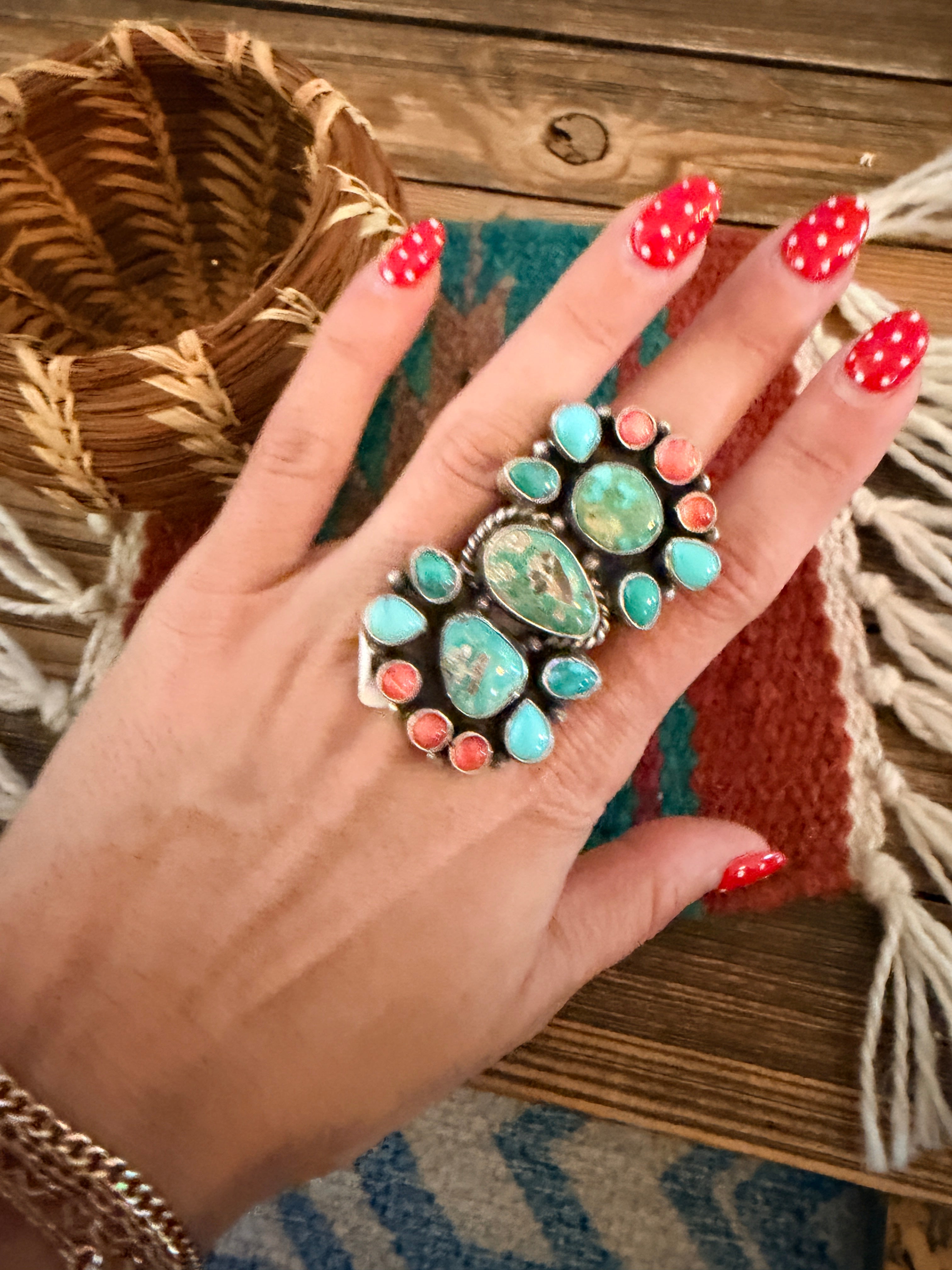 Handcrafted Spiny Oyster, Turquoise & Sterling Silver Cluster Ring by Sheila Becenti Size 9