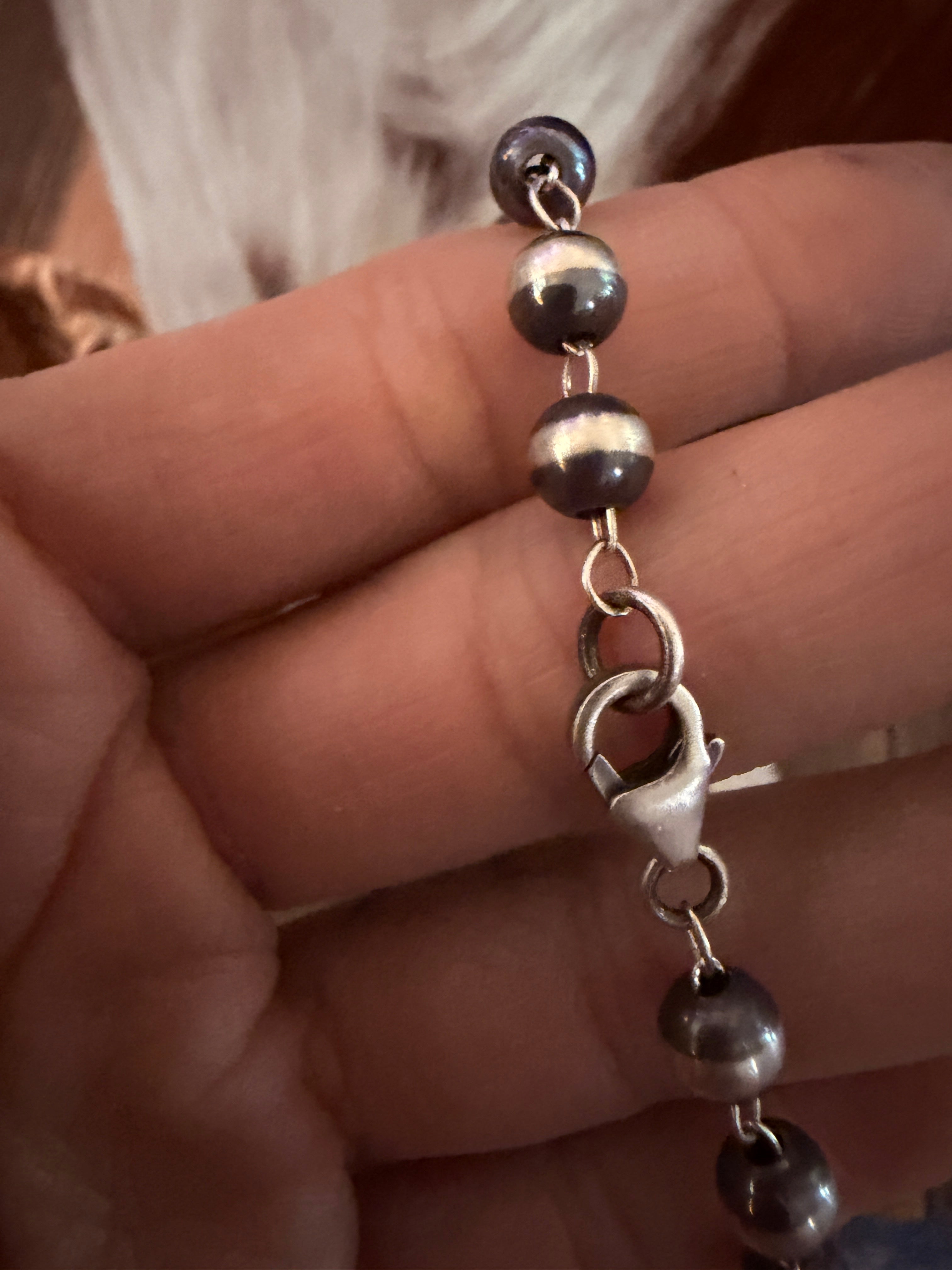 Handcrafted 5mm Sterling Silver Pearl Beaded Rosary Style Necklace 30”