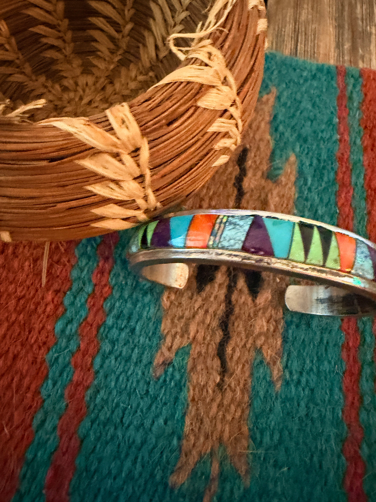 Handcrafted Old Pawn Sterling Silver & Multi Stone Inlay Cuff Bracelet