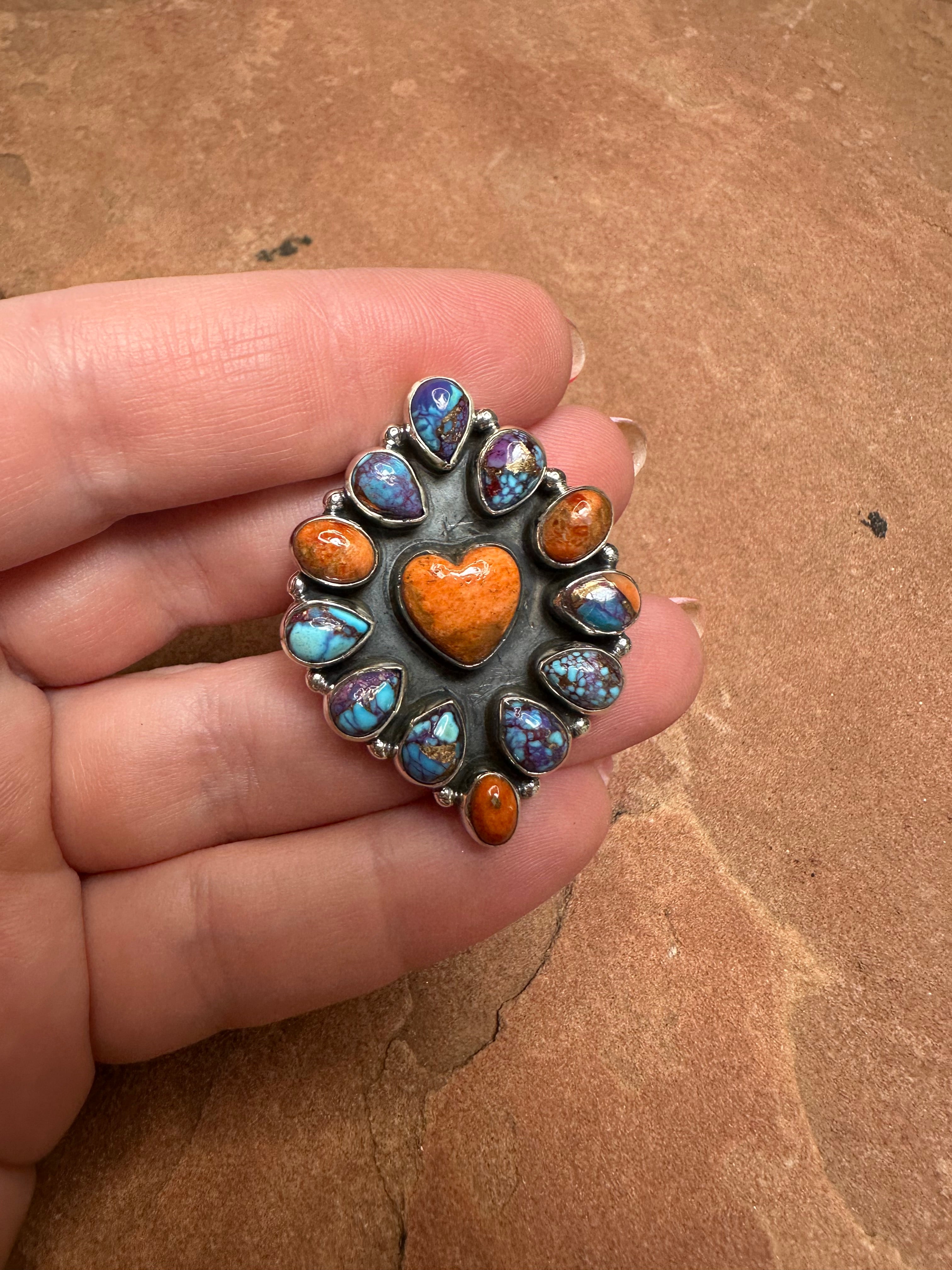 Handmade Purple Dream Mojave, Orange Mojave And Sterling Silver Adjustable Cluster Heart Ring