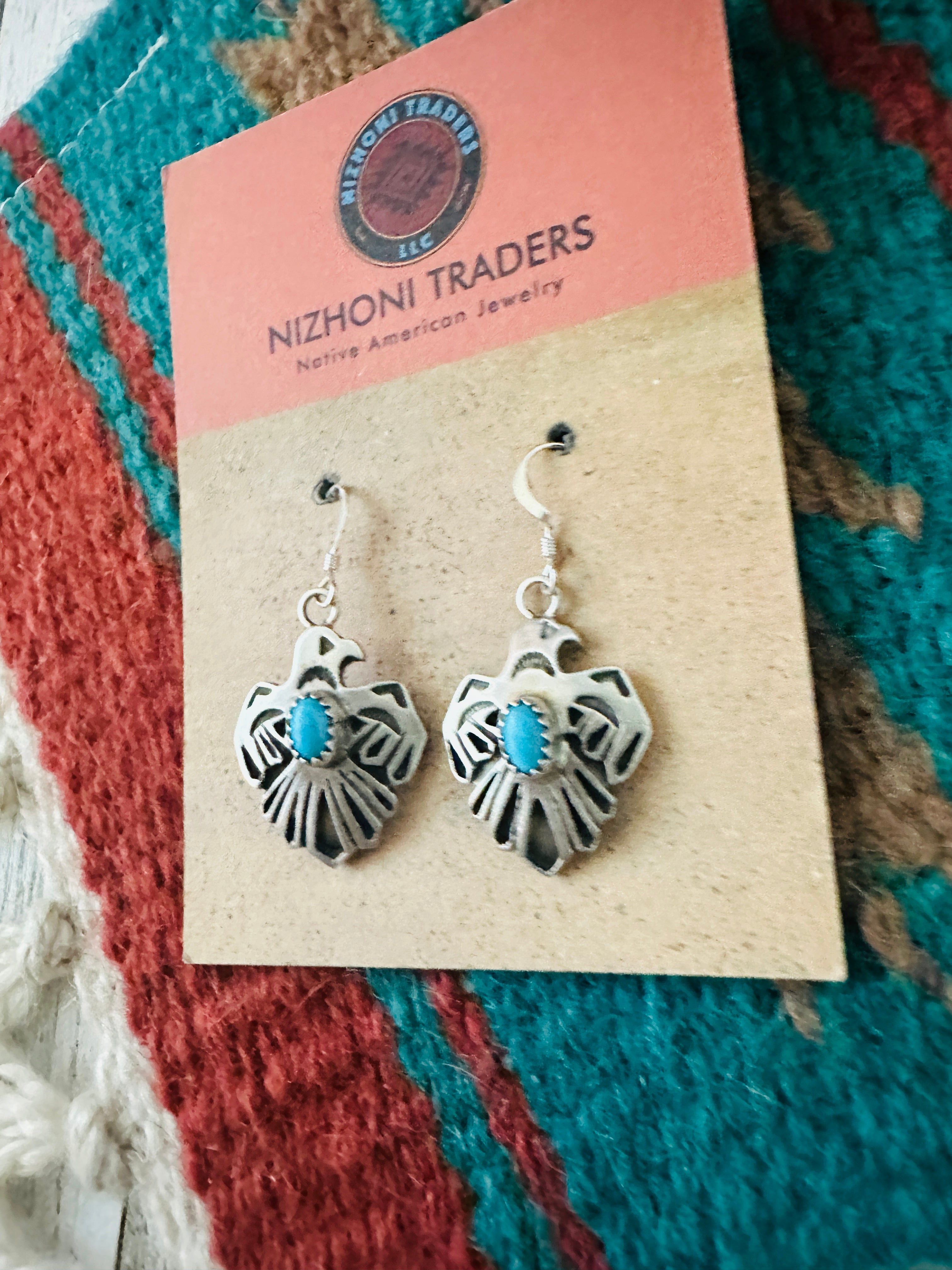 Navajo Sterling Silver & Turquoise Thunderbird Dangle Earrings