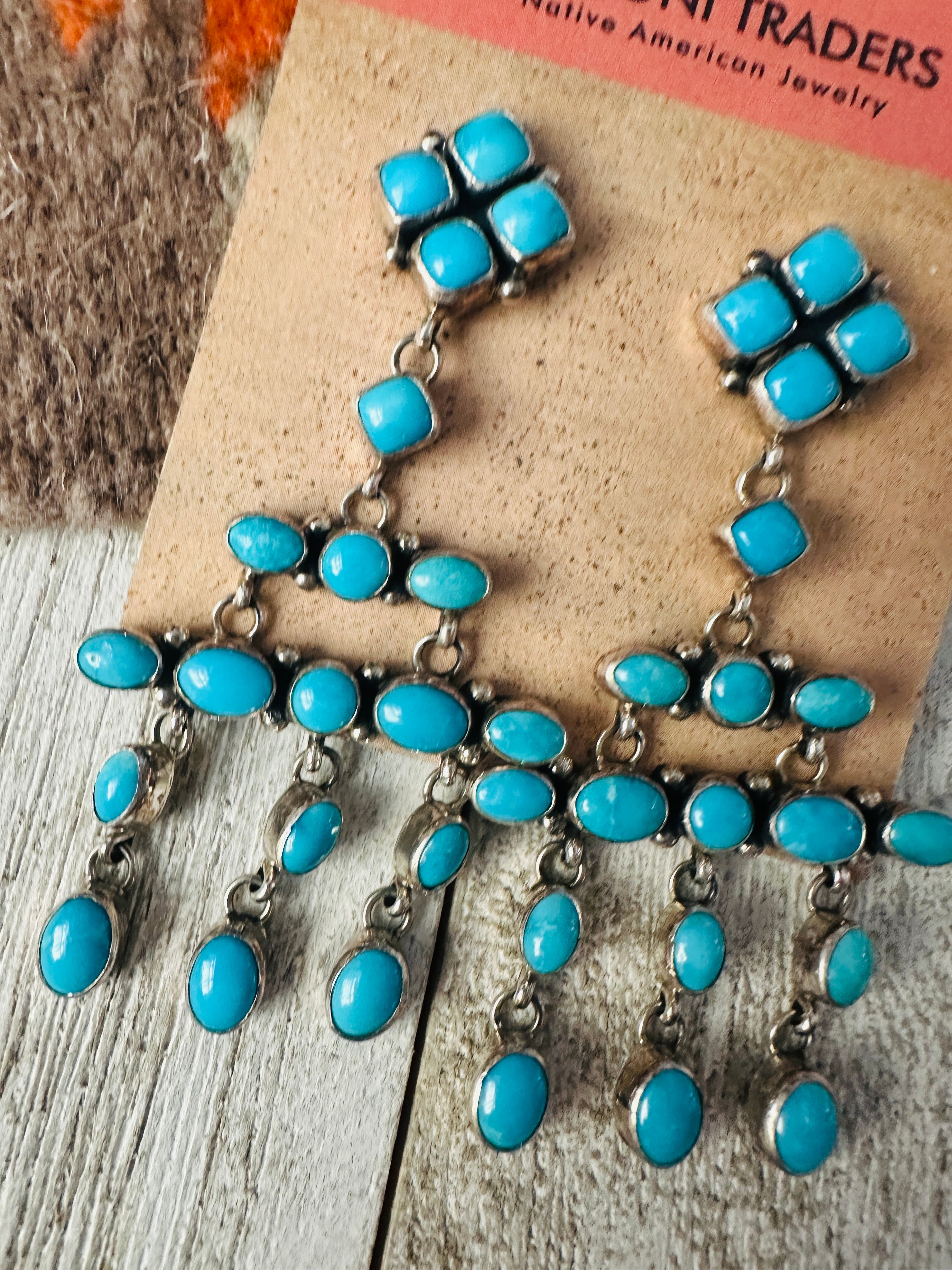Navajo Sterling Silver & Turquoise Cluster Dangle Earrings