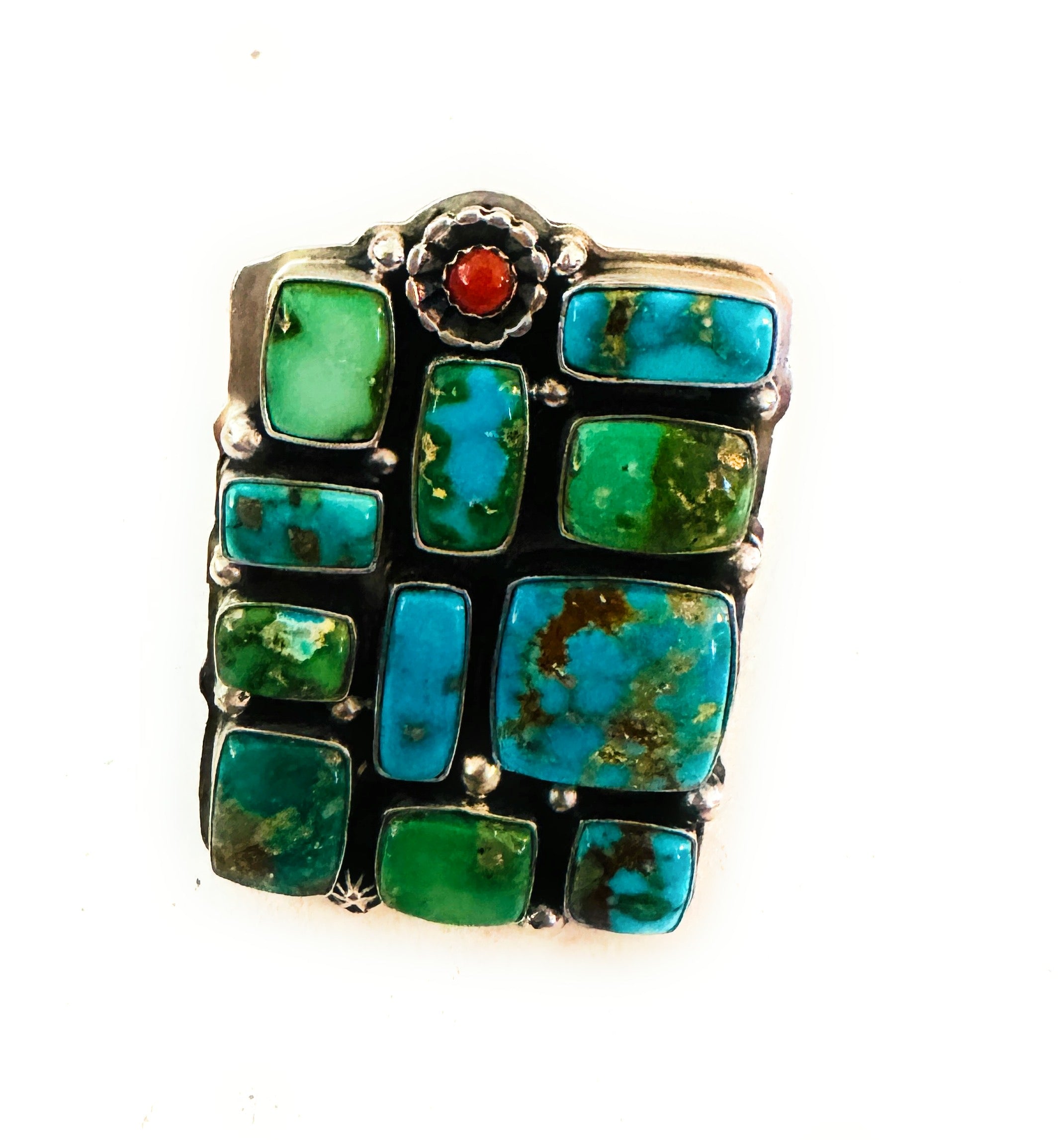 Navajo Sonoran Mountain Turquoise, Coral & Sterling Silver Adjustable Cluster Ring