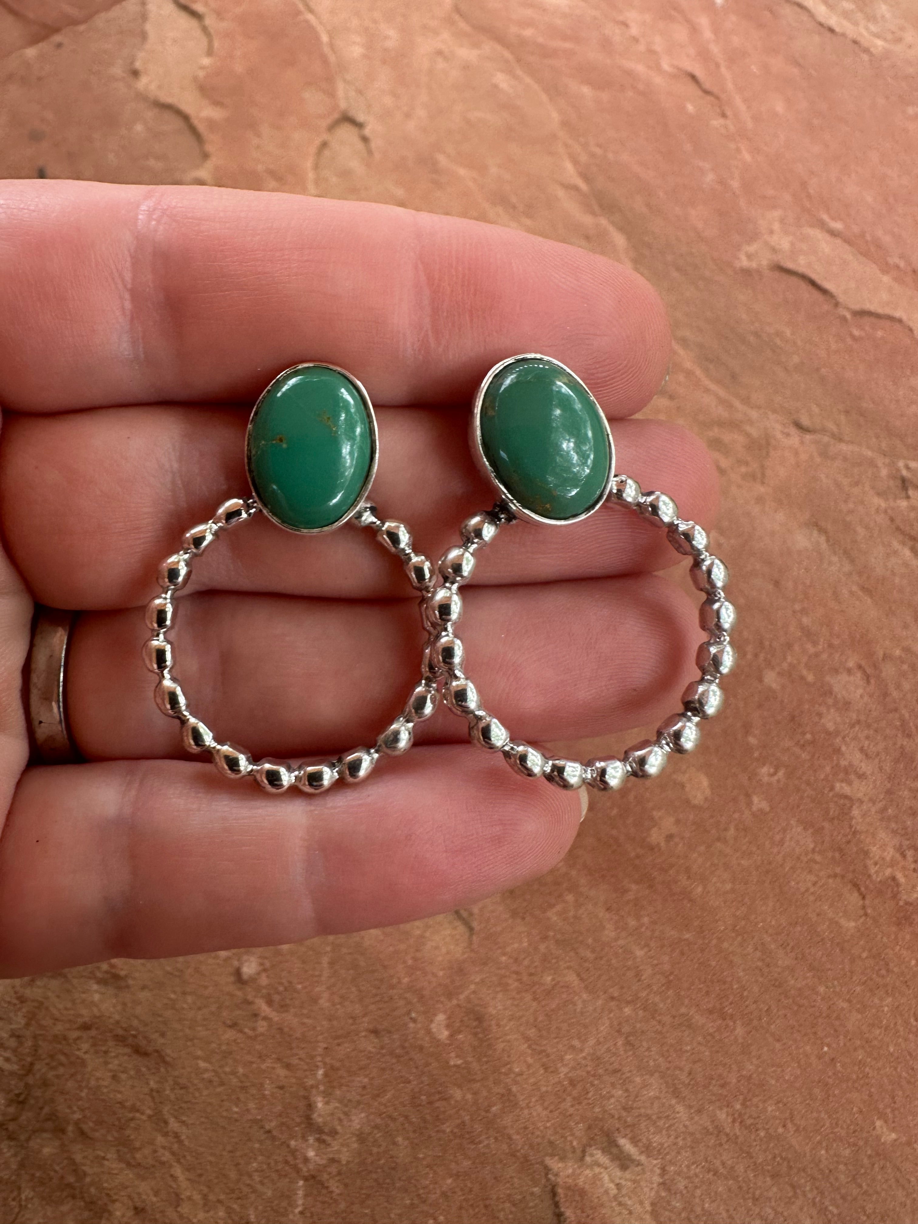 Handmade Turquoise & Sterling Silver Hoop Earrings GREEN TONES