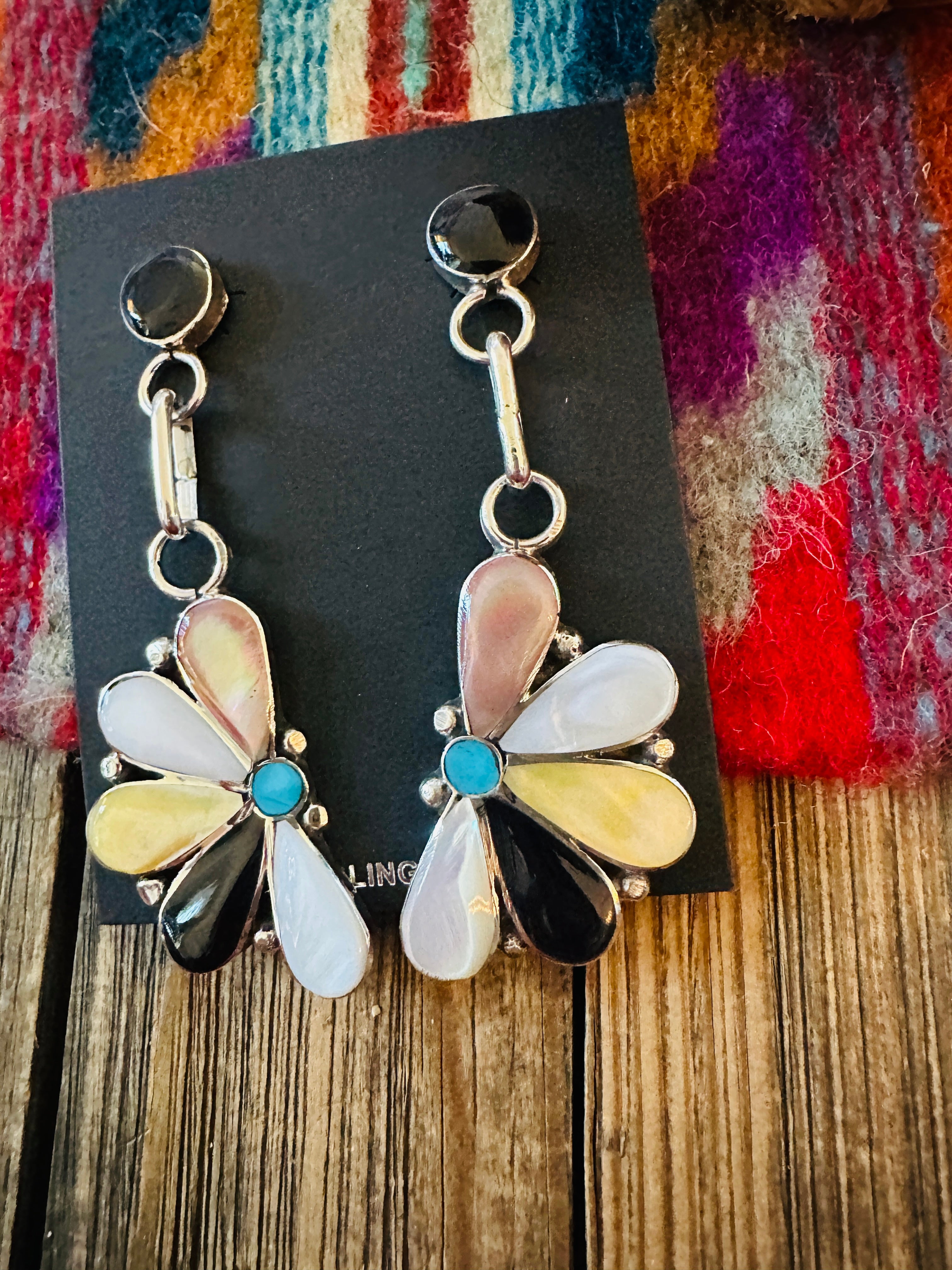 Handcrafted Sterling Silver, Mother of Pearl, Turquoise & Jet Inlay Flower Dangle Earrings