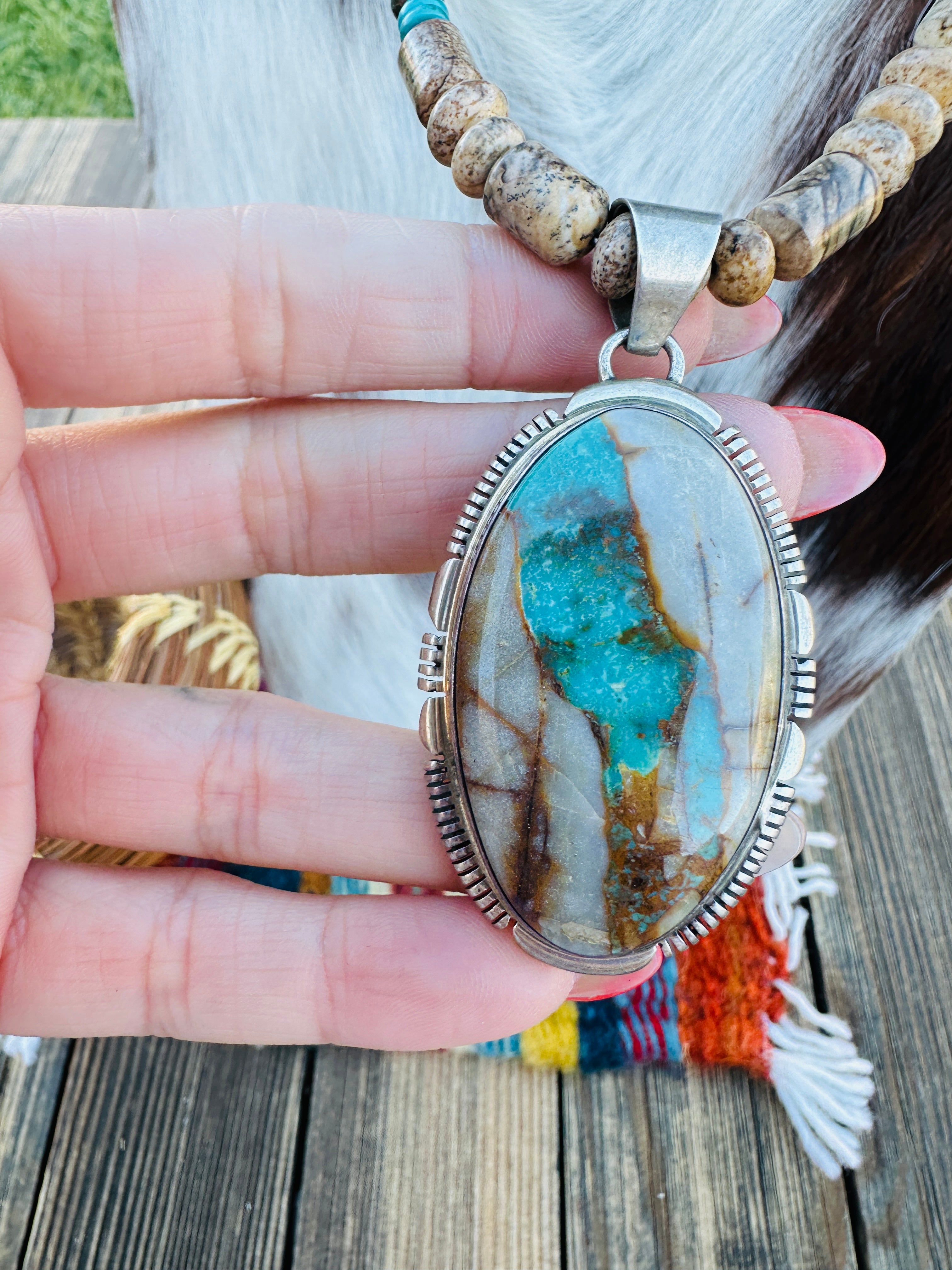 Old Pawn Handcrafted Turquoise, Jasper & Sterling Silver Beaded 16” Necklace