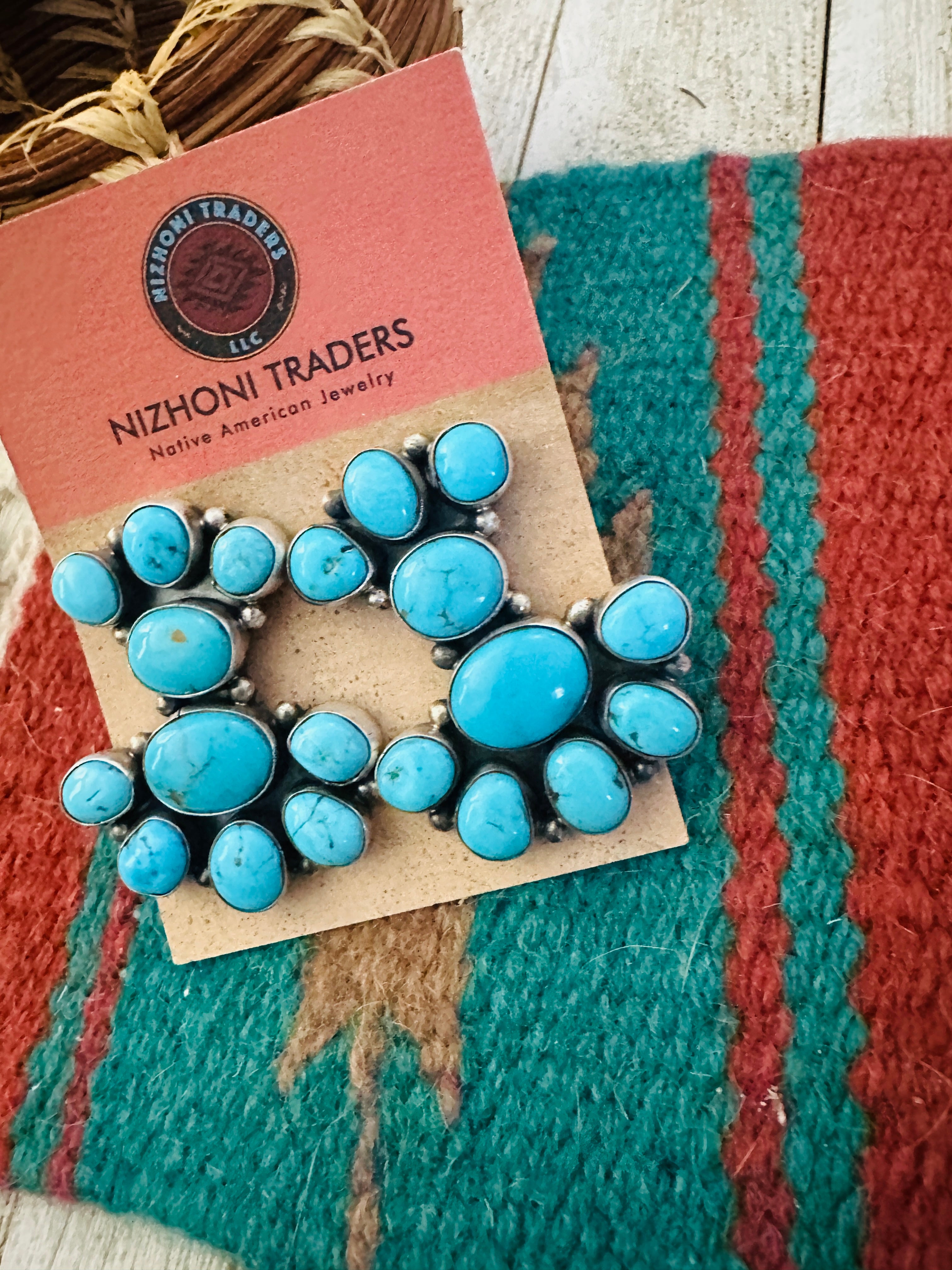 Handcrafted Turquoise And Sterling Silver Cluster Dangle Earrings by Sheila Becenti