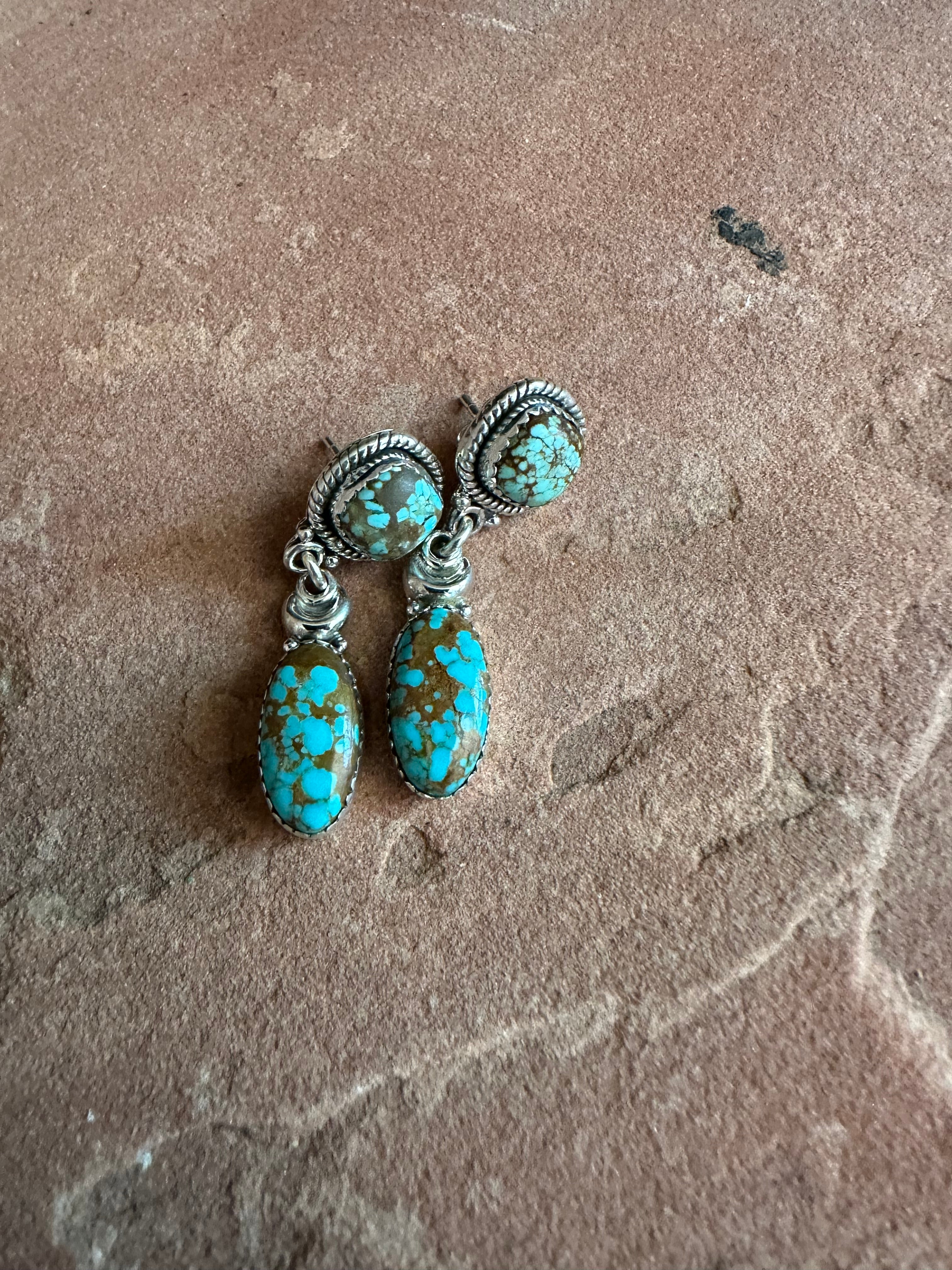 Handmade Number 8 Turquoise and Sterling Silver 2 Stone Dangles