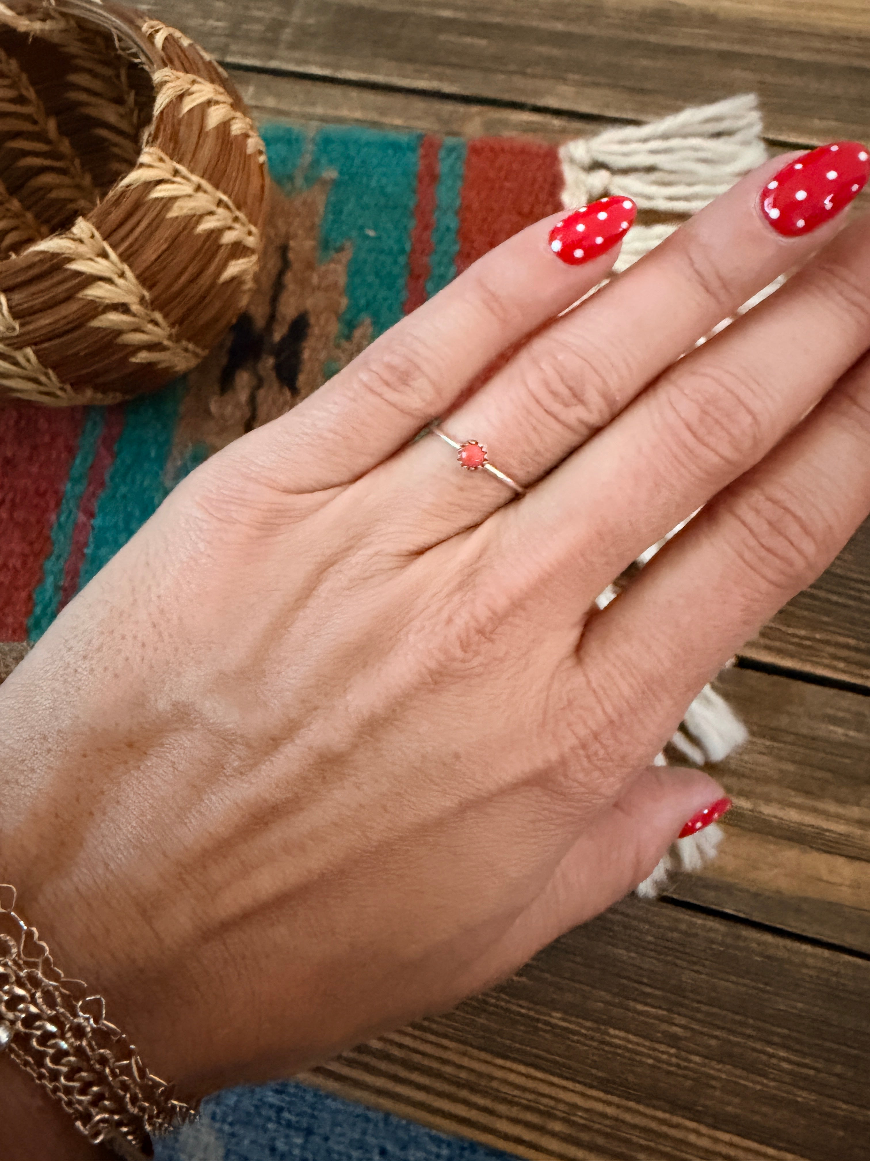 Handcrafted Coral & Sterling Silver Ring Size 4.75