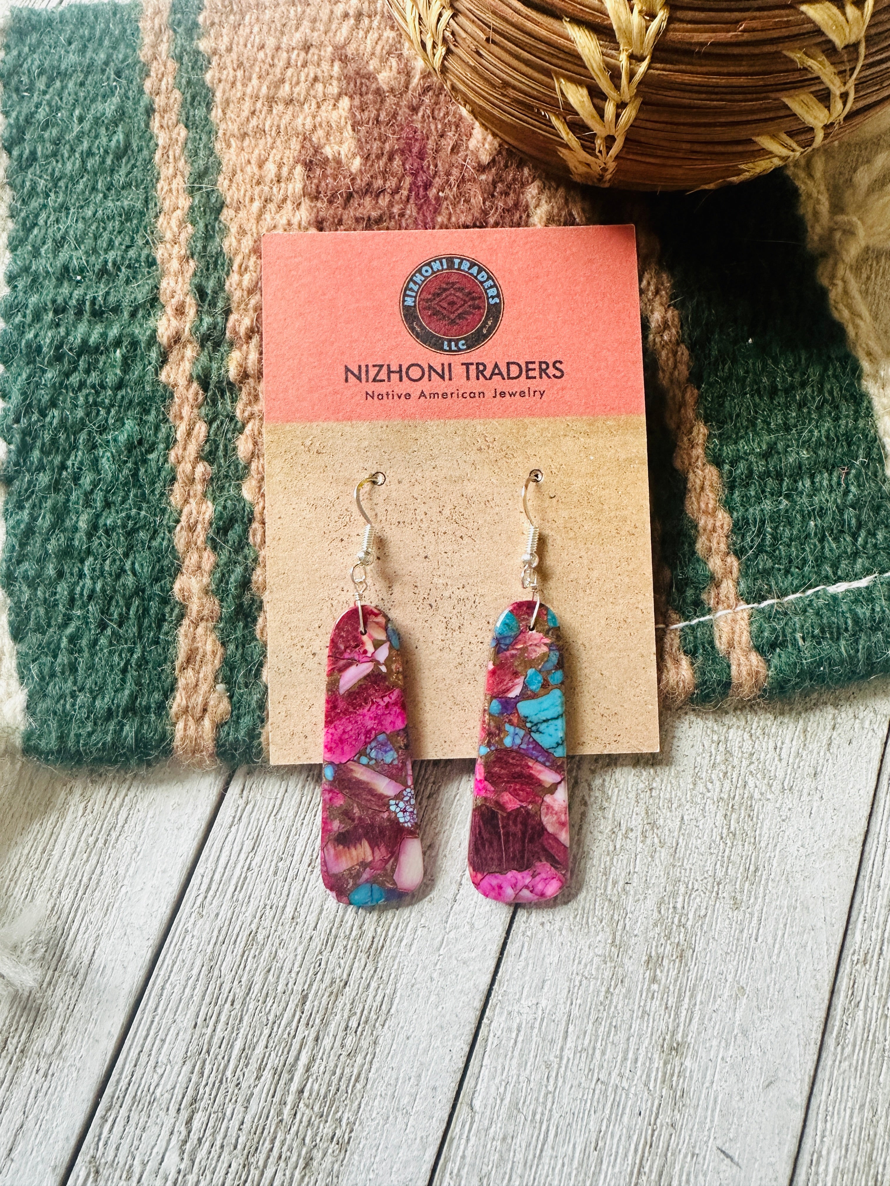 Navajo Sterling Silver & Pink Dream Mojave Slab Dangle Earrings