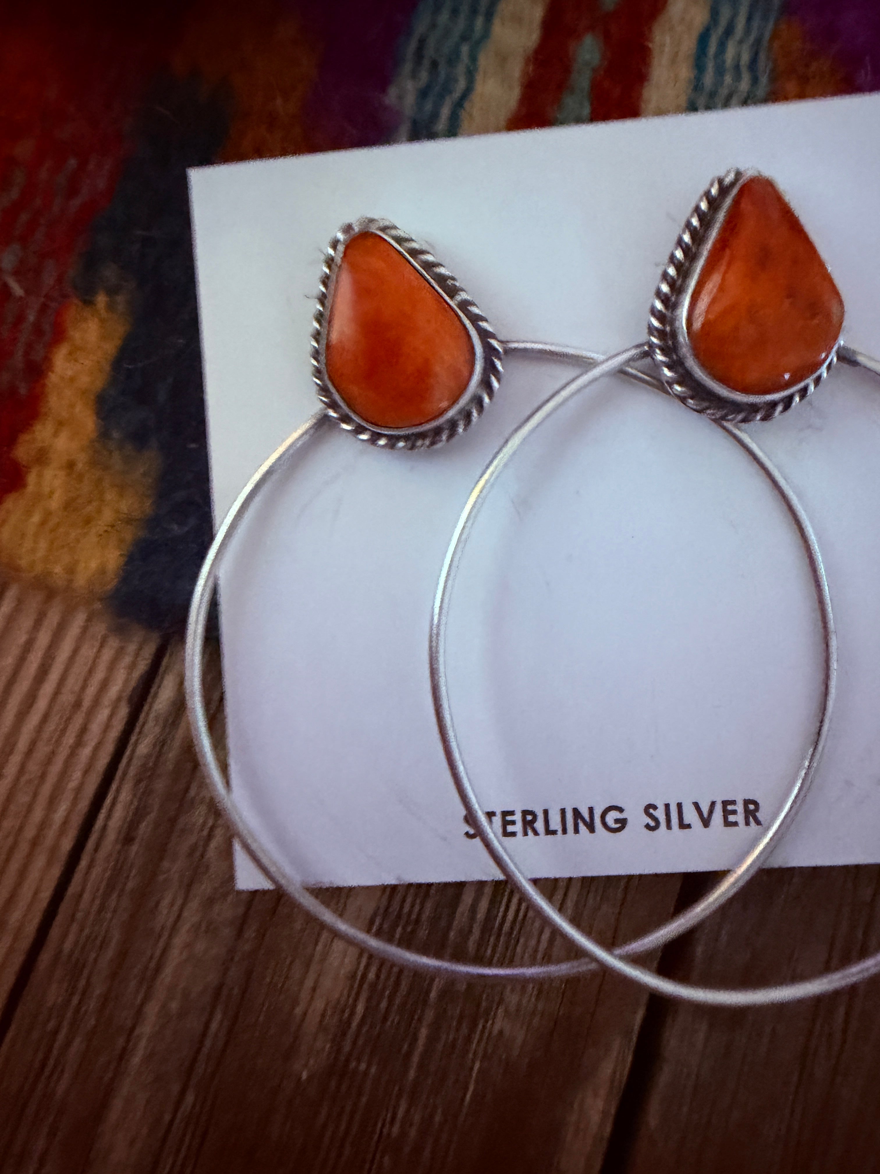 Handcrafted Orange Spiny and Sterling Silver Dangle Hoop Earrings by Elouise Kee