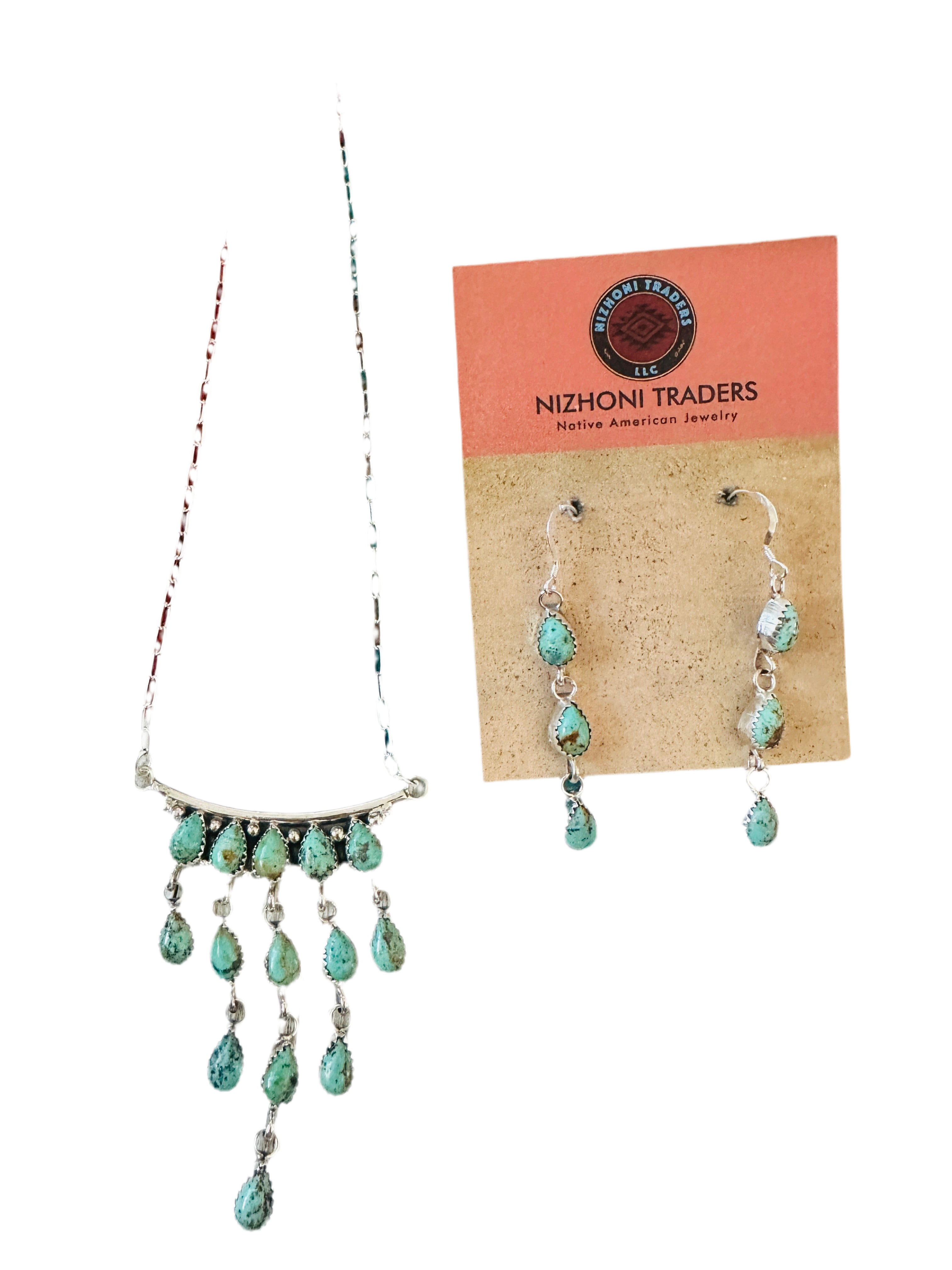 Handcrafted Sterling Silver & Turquoise Chandelier Necklace and Earring Set