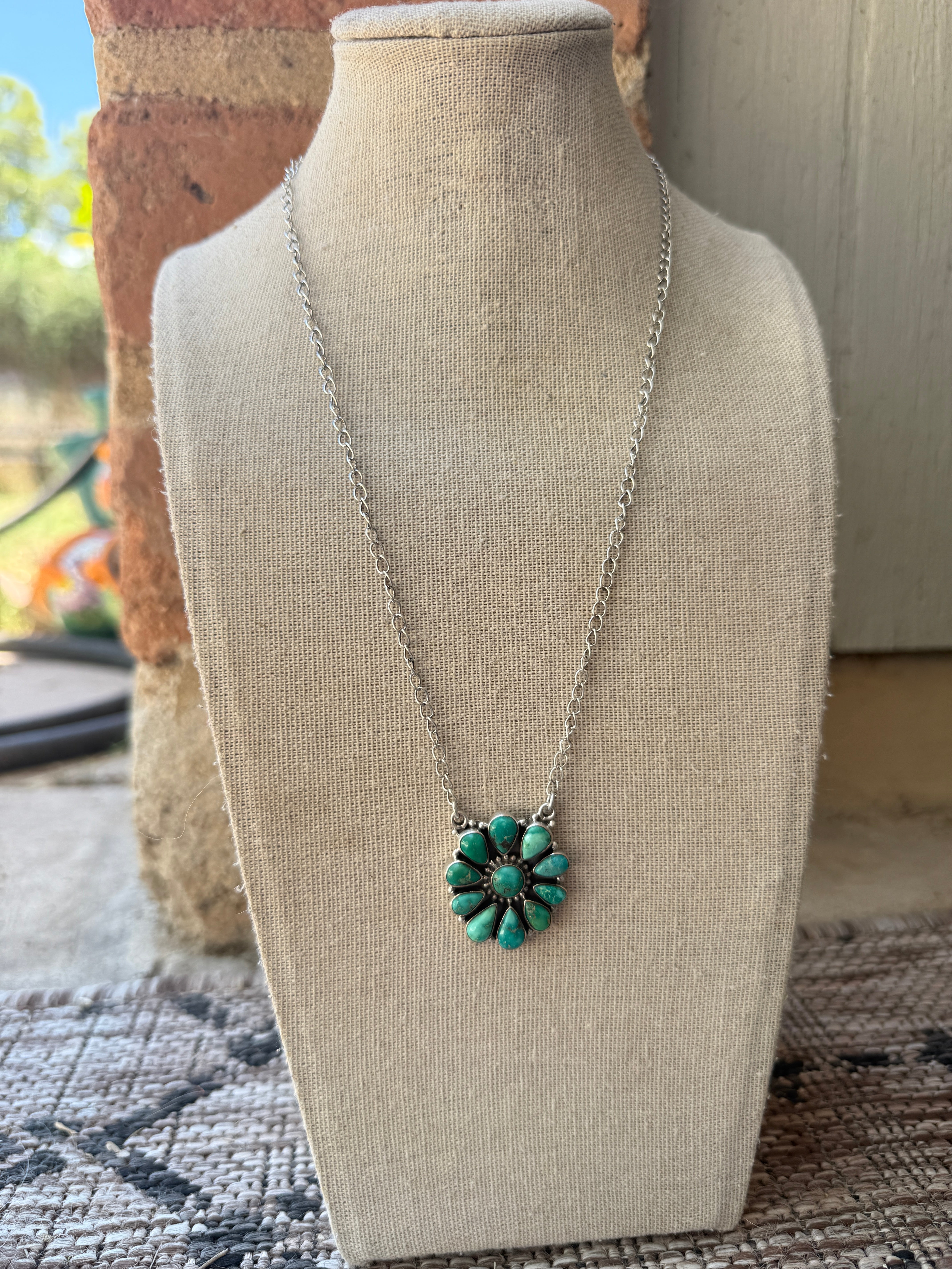 Beautiful Handmade Sterling Silver & Emerald Valley Turquoise Cluster Flower Necklace