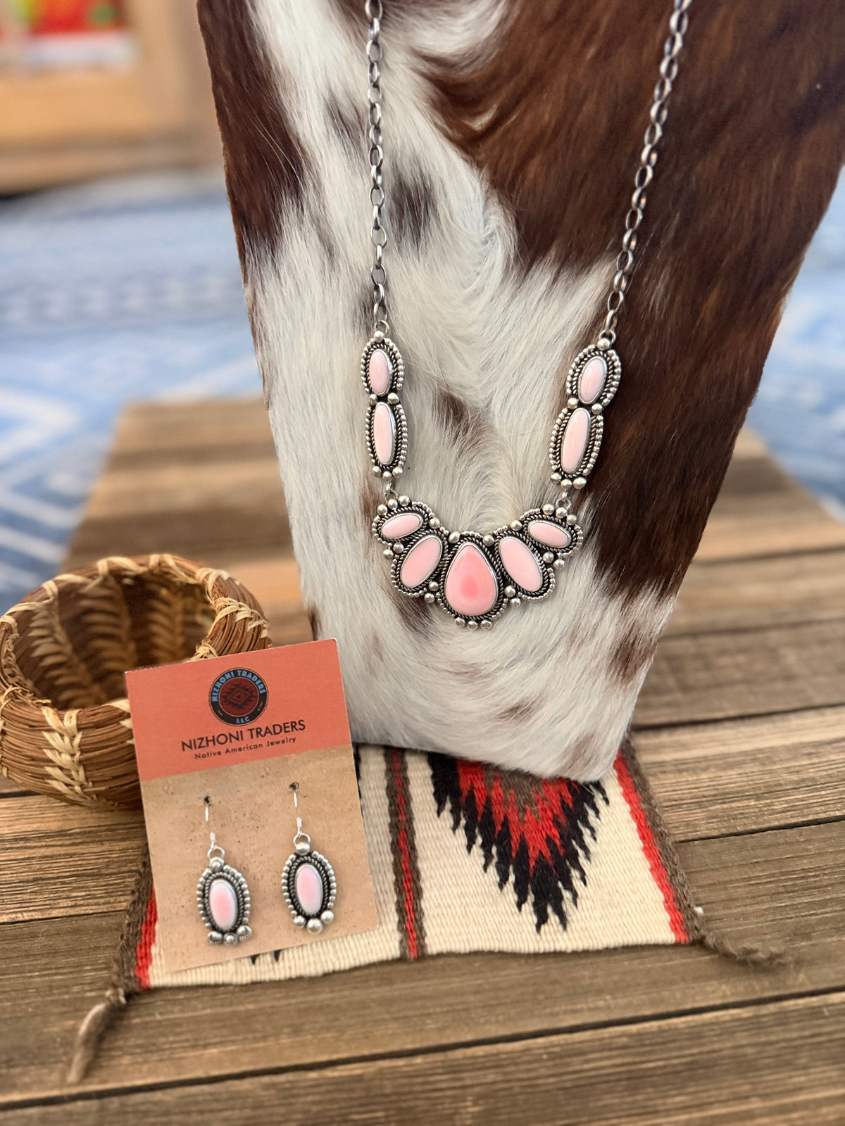 Handcrafted Queen Pink Conch & Sterling Silver Cluster Necklace and Earring Set by Joelias Draper