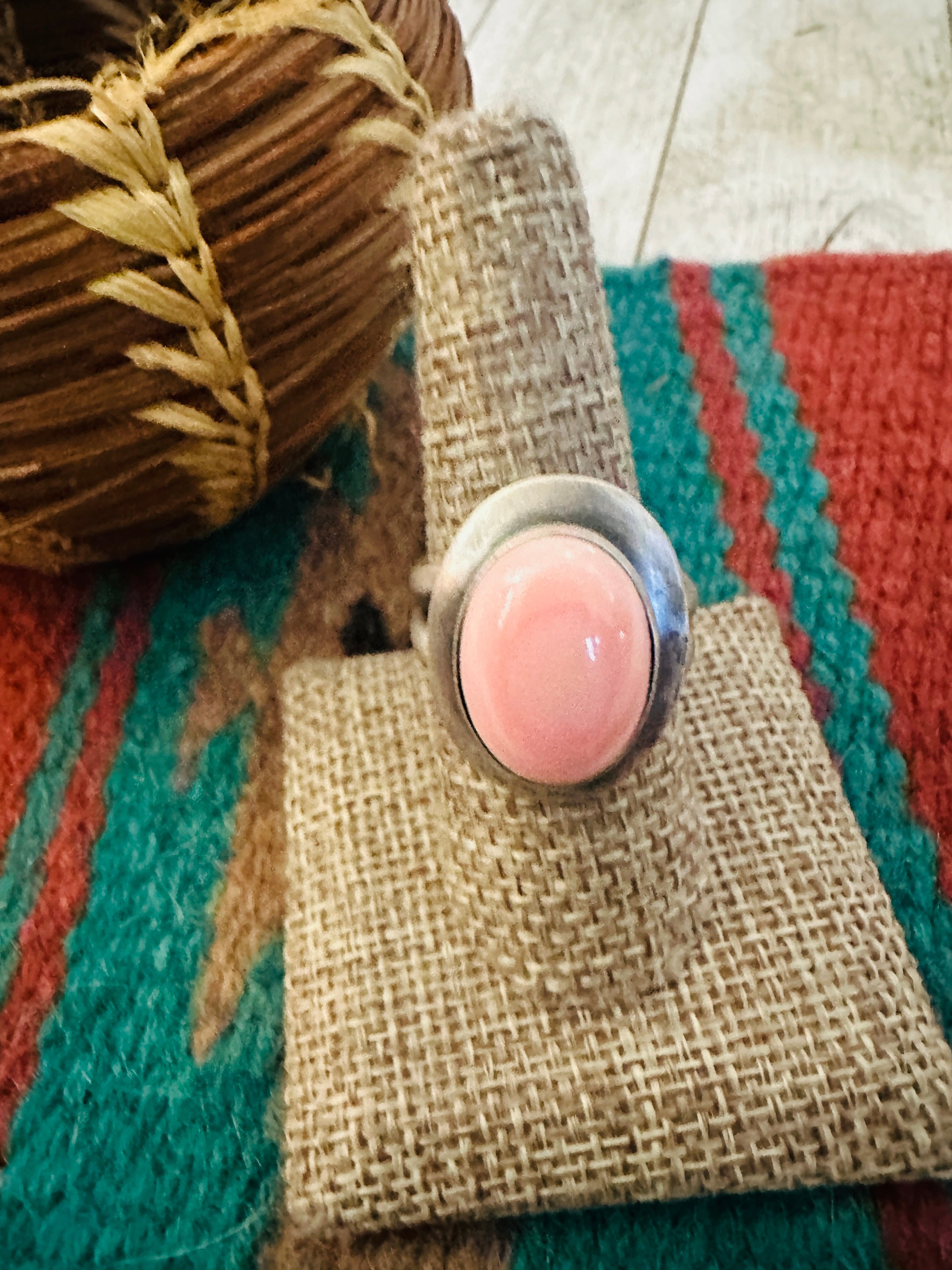 Handcrafted Queen Pink Conch & Sterling Silver Adjustable Ring