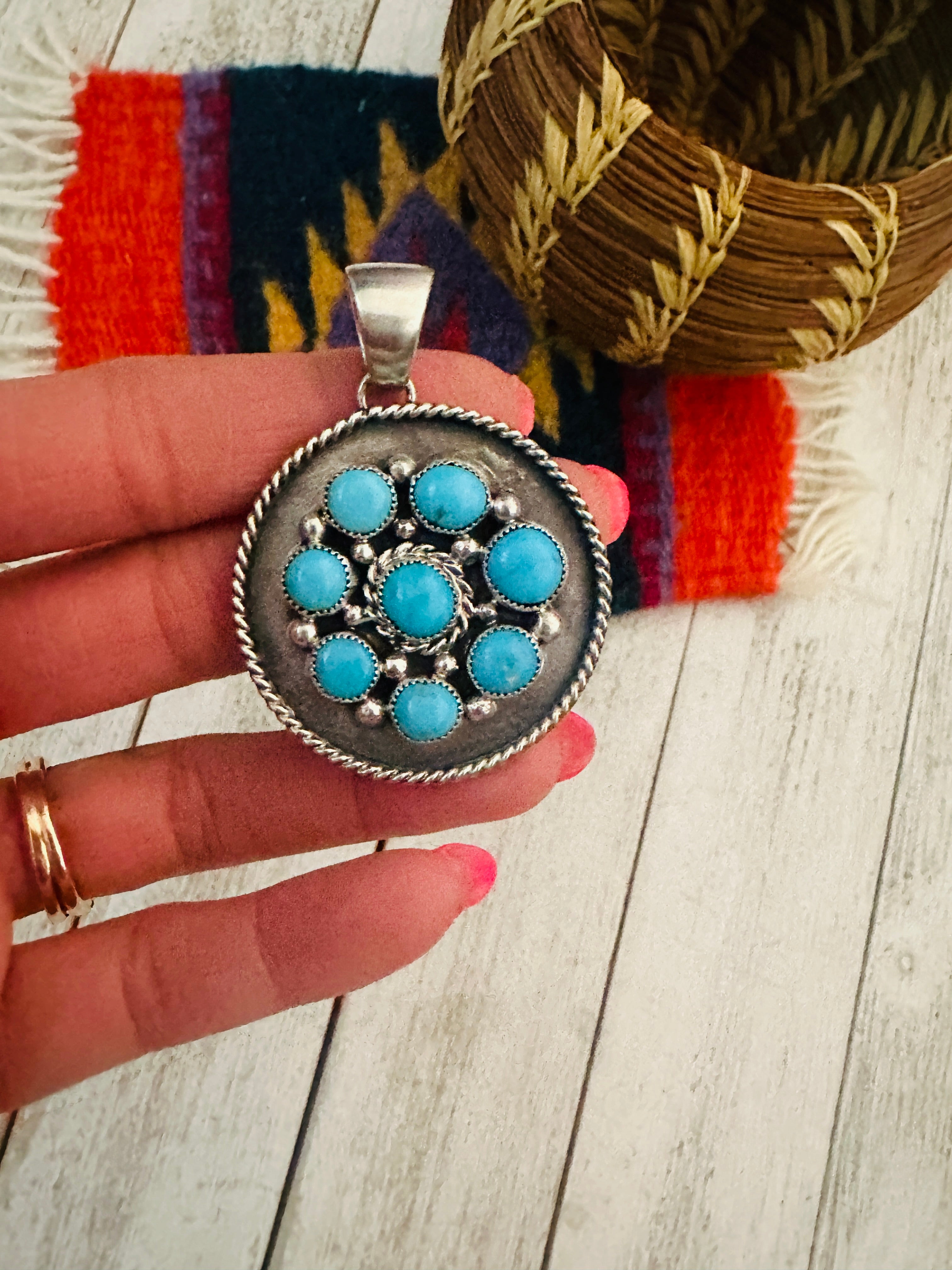 Vintage Navajo Turquoise cheapest Cluster Sterling Silver Pendant