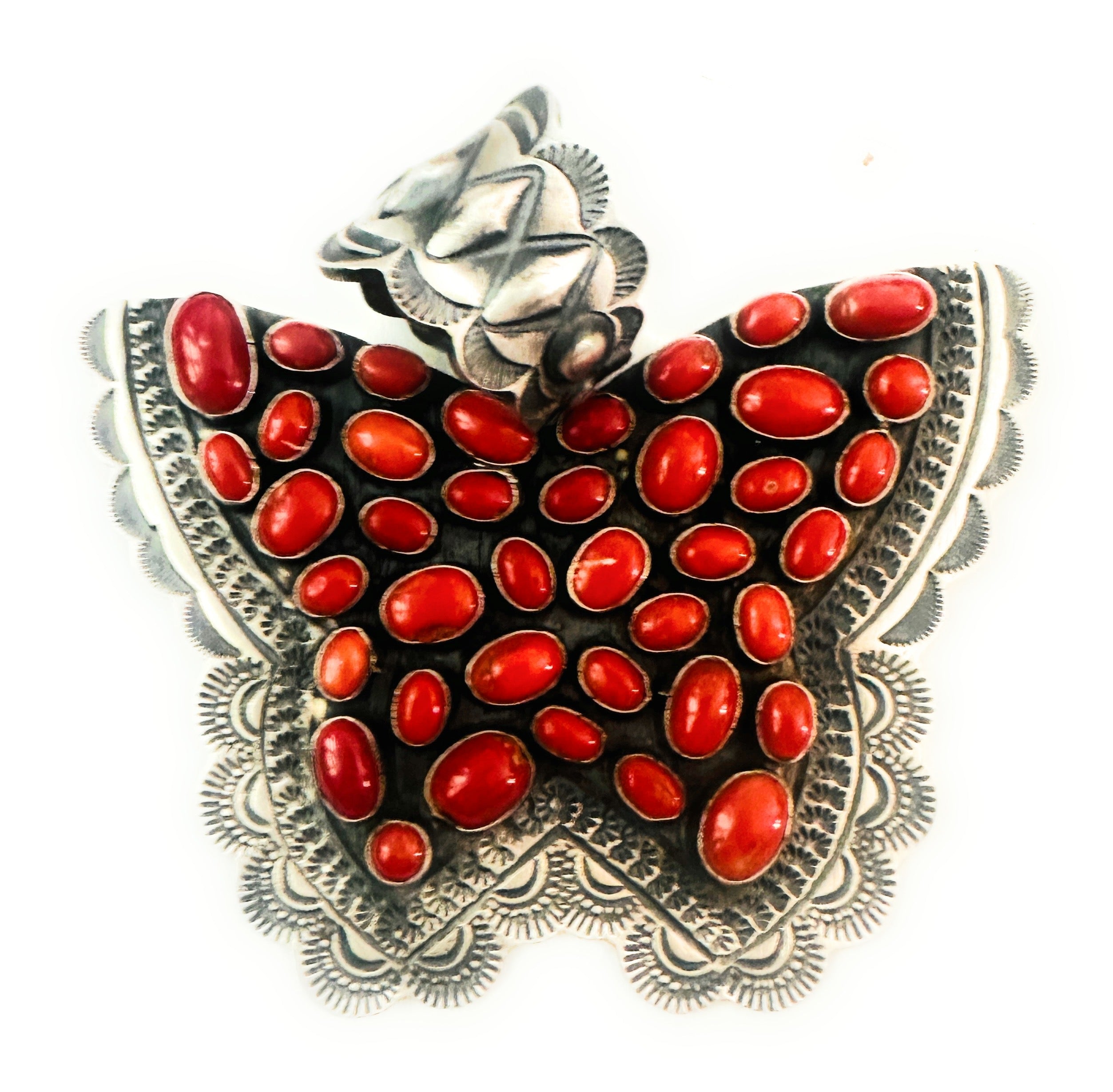 Navajo Sterling Silver & Coral Butterfly Pendant by Shawn Cayatineto