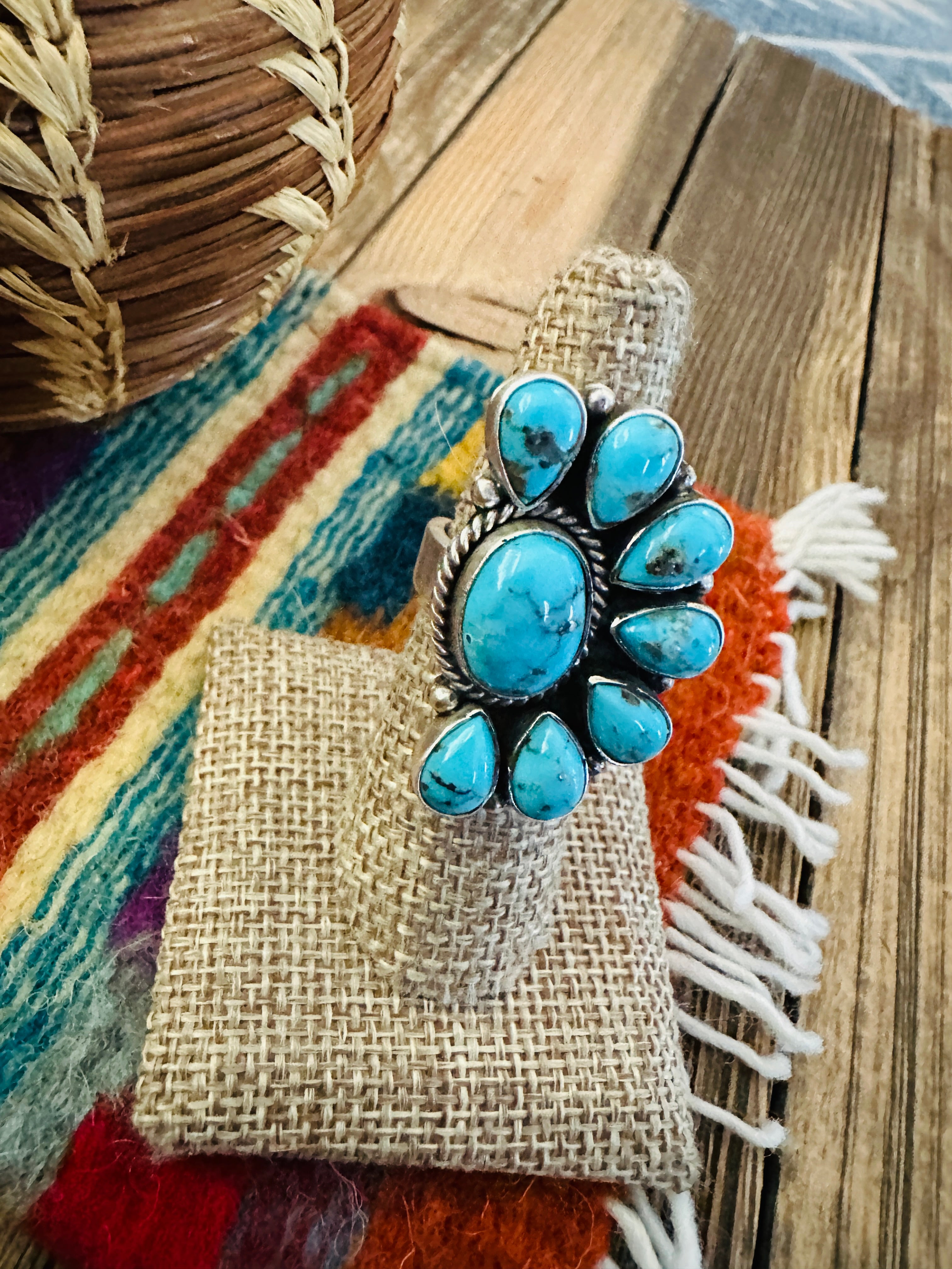 Handcrafted Turquoise & Sterling Silver Adjustable Cluster Ring by Elouise Richards