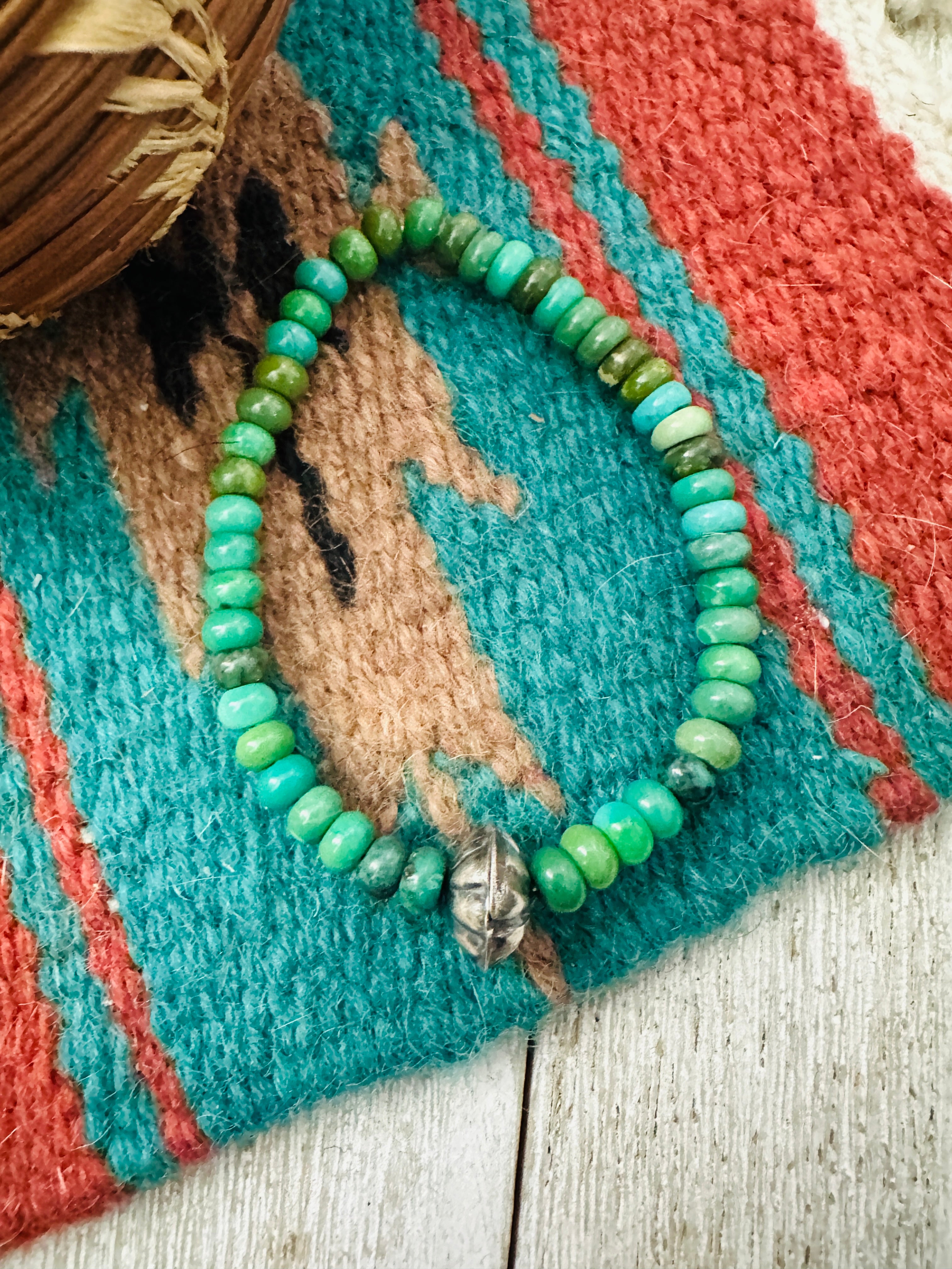 Handcrafted Turquoise & Sterling Silver Beaded Stretch Bracelet