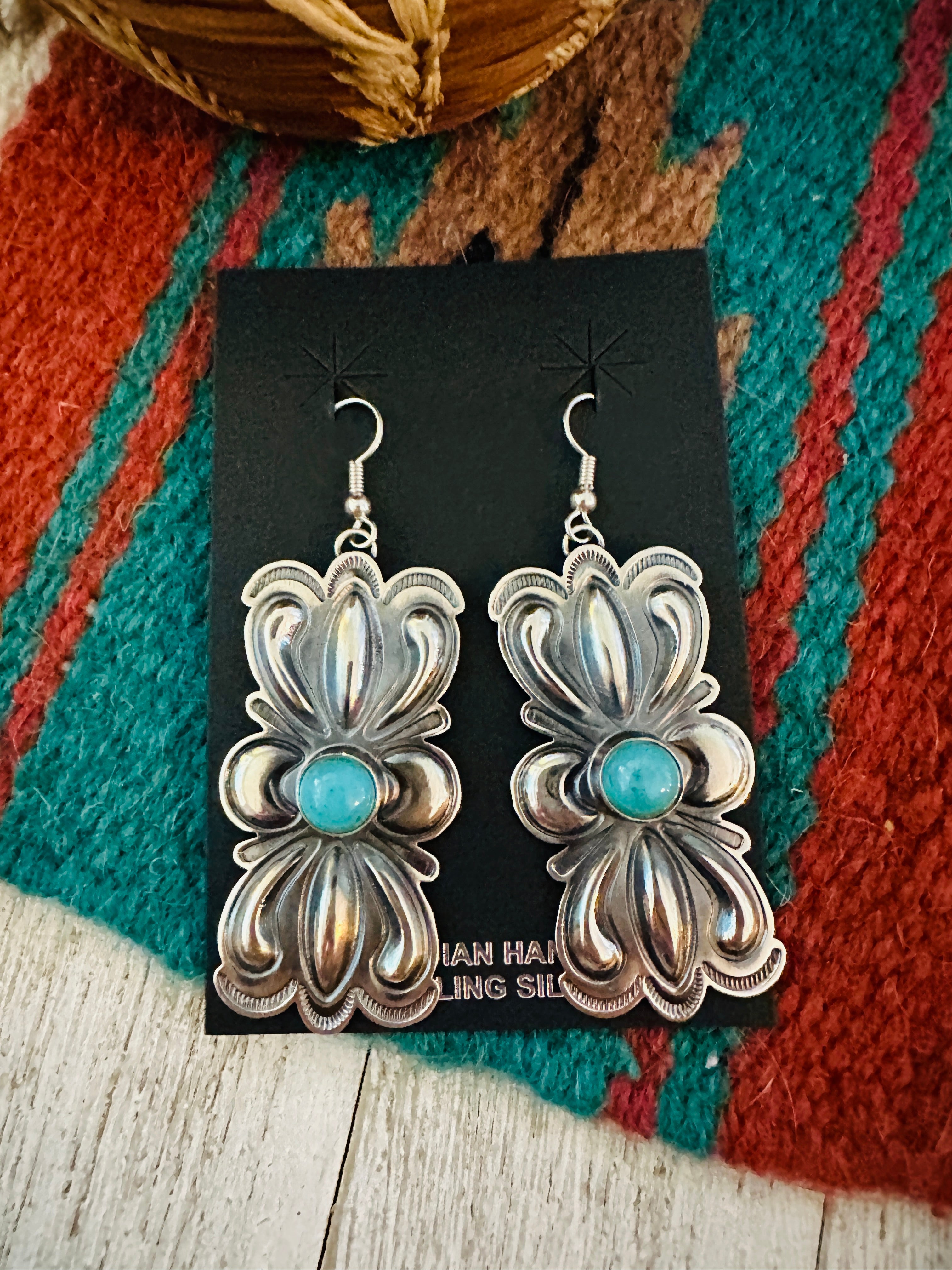 Navajo Hand Stamped Sterling Silver & Turquoise Concho Dangle Earrings