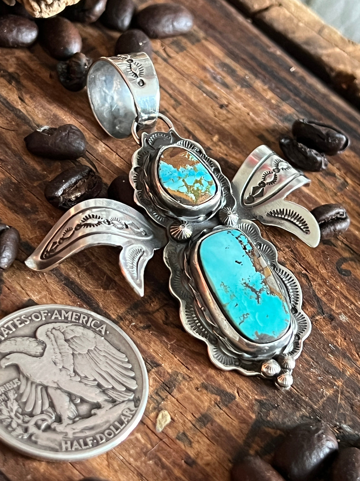 Sterling Silver and Turquoise Winged Bug Pendant by Kimari Somers