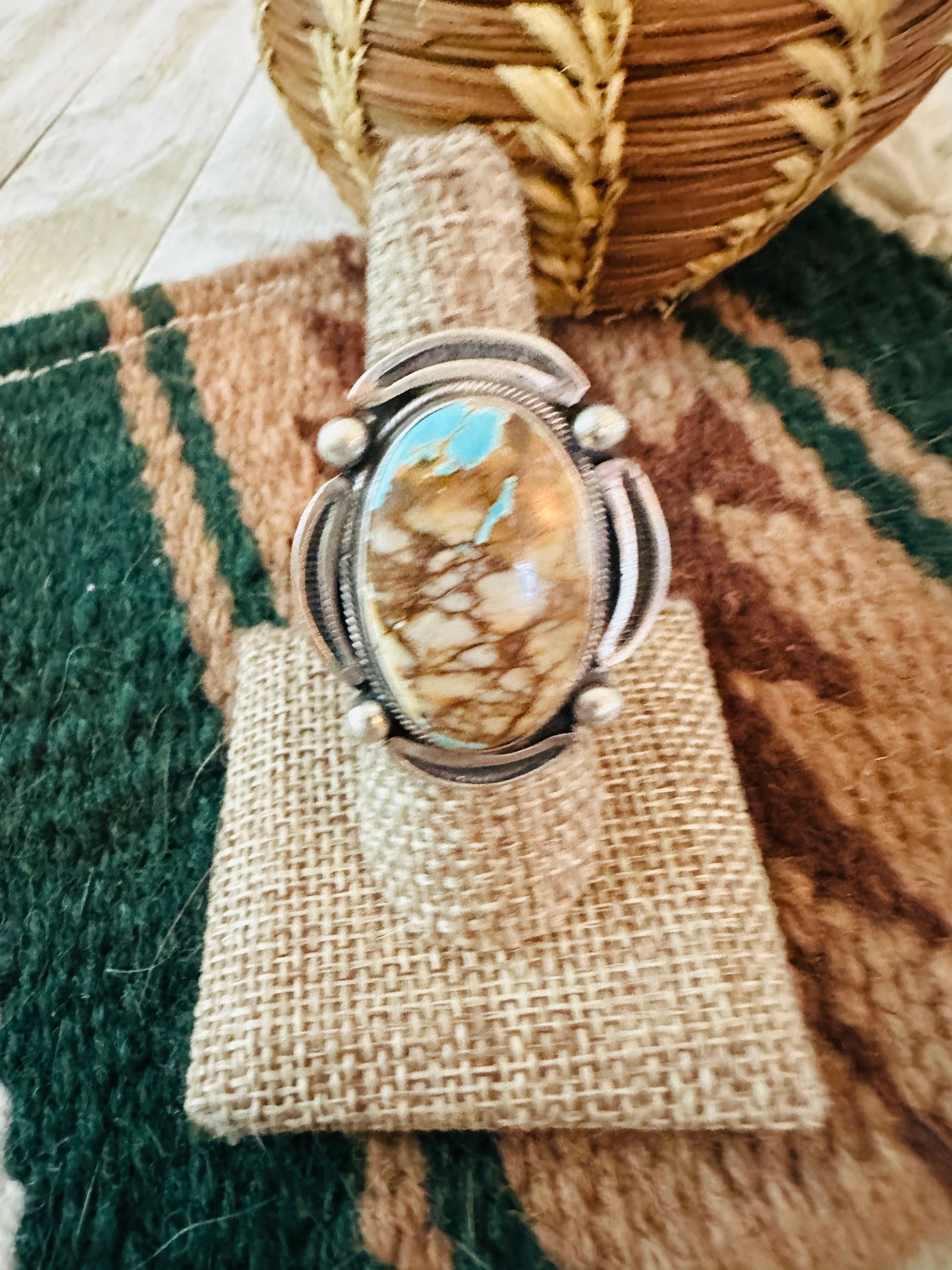 Handcrafted Sterling Silver & Ribbon Turquoise Ring Size 7.75