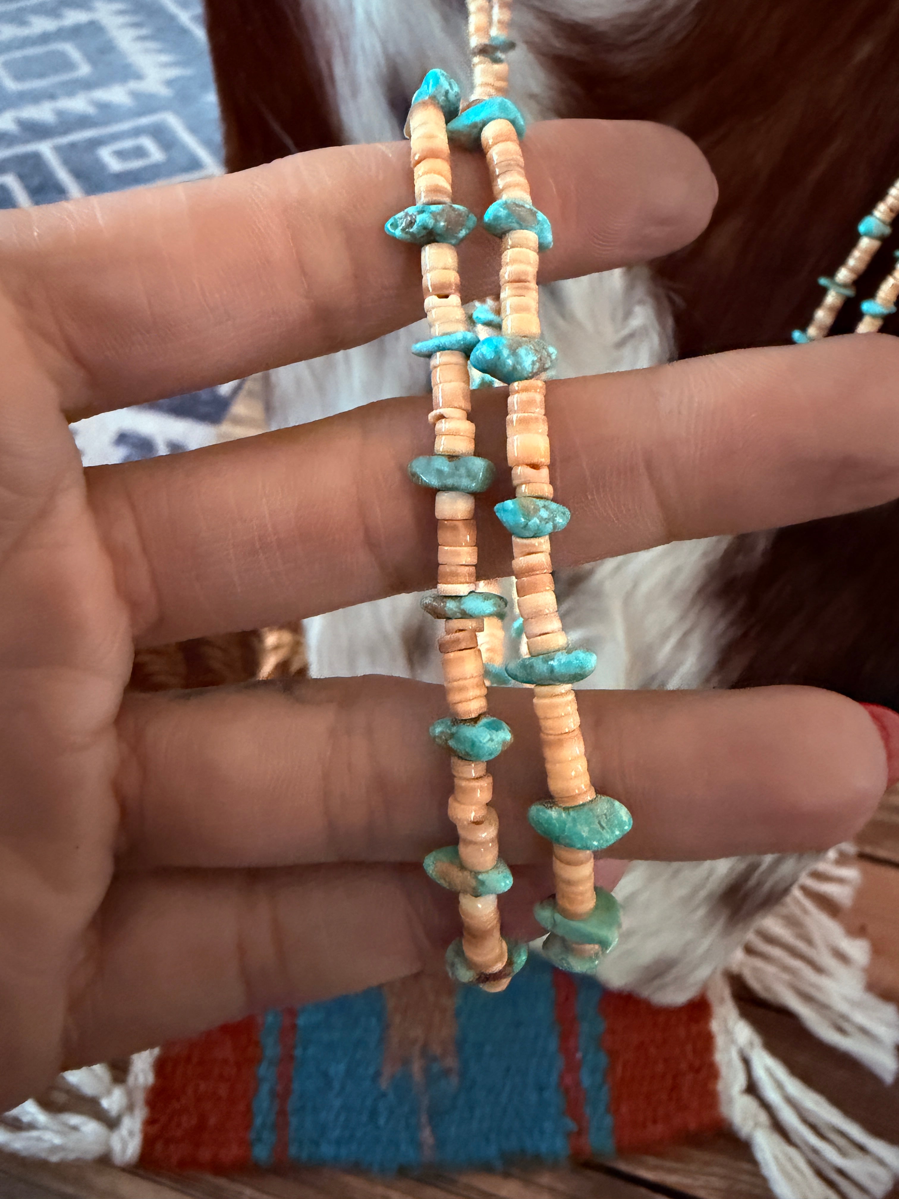 Old Pawn Handcrafted Turquoise & Heishi Shell Beaded 28” Necklace