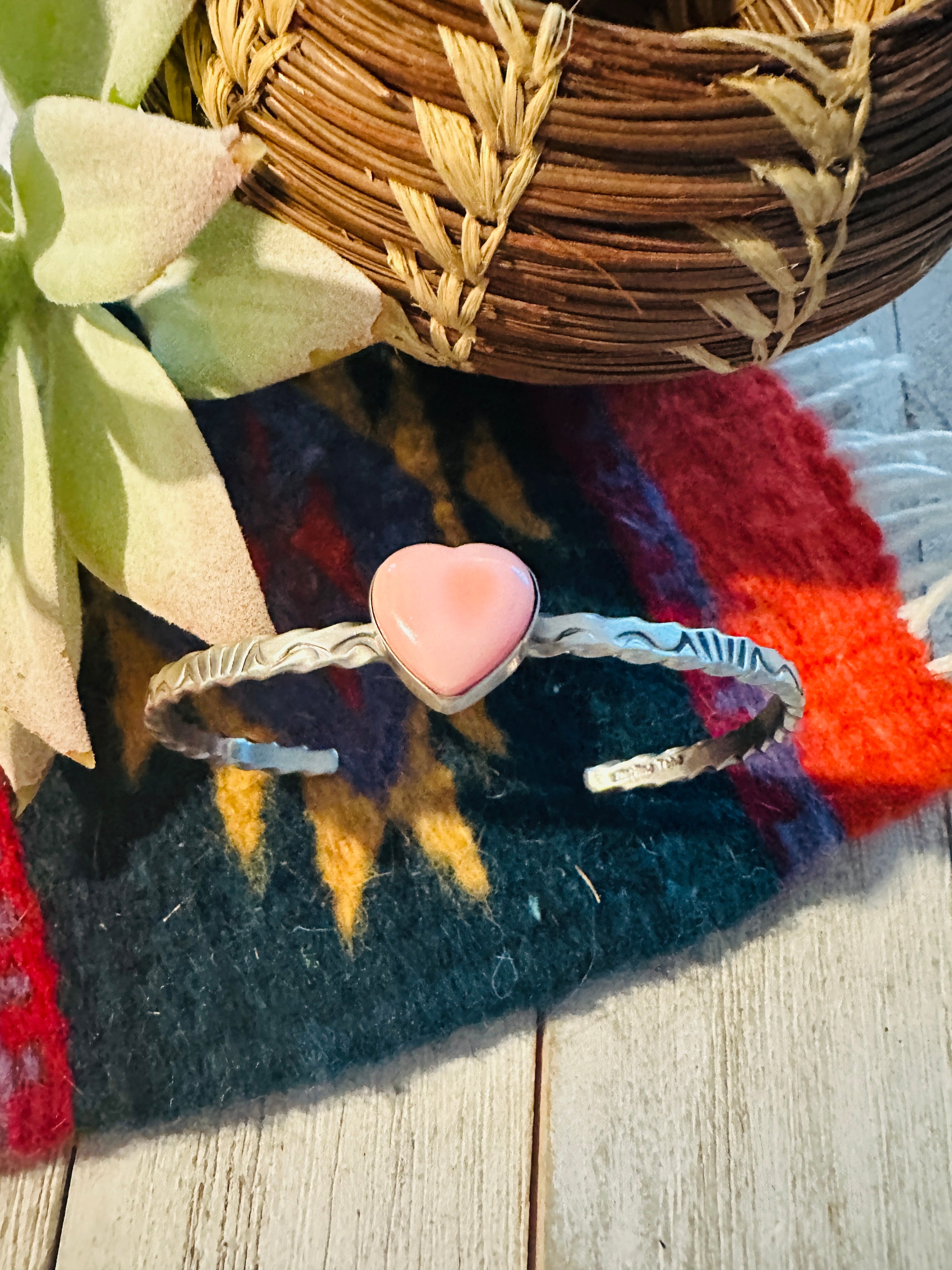 Navajo Sterling Silver & Queen Pink Conch Heart Cuff Bracelet