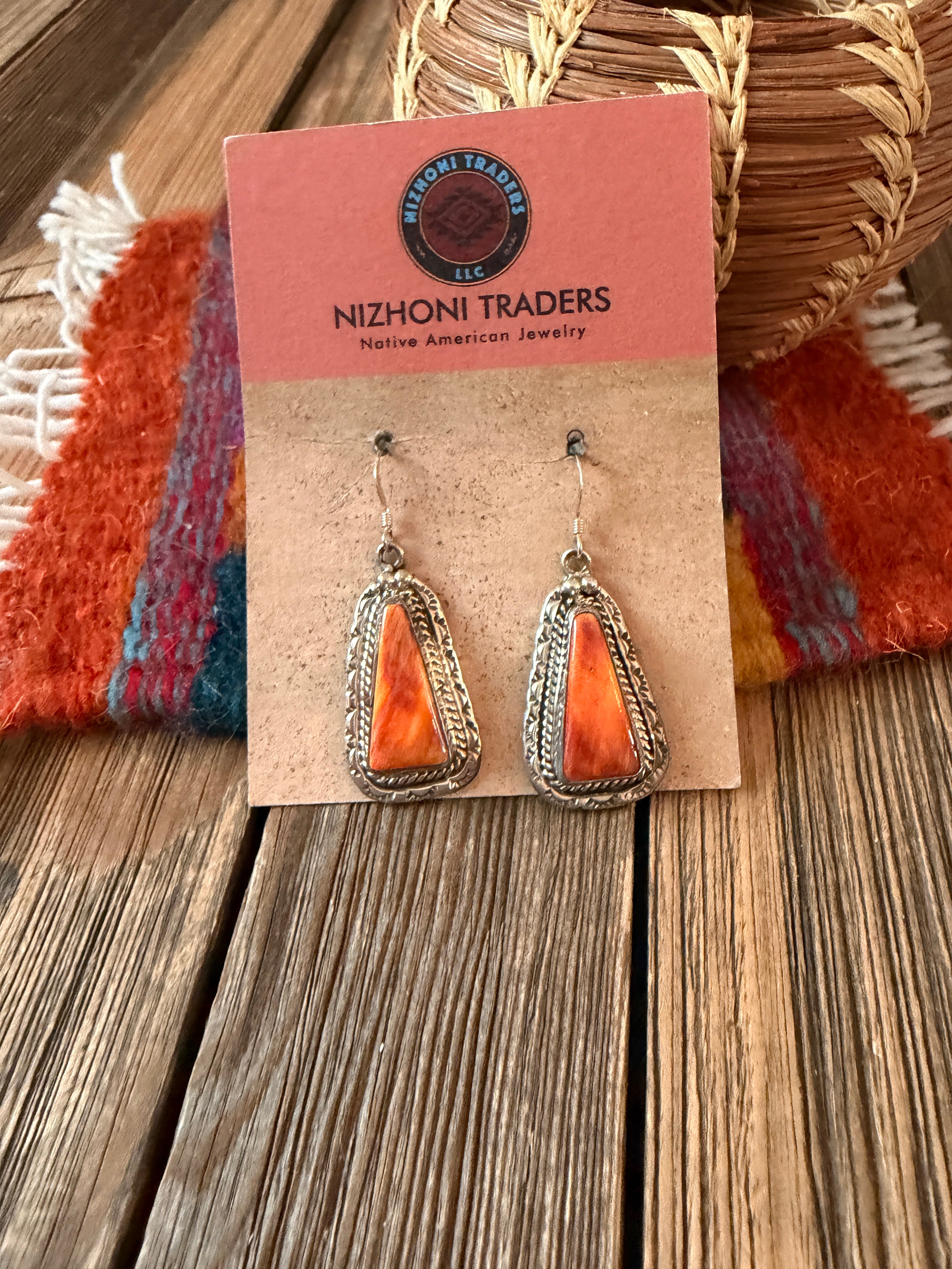 Handcrafted Orange Spiny And Sterling Silver Dangle Earrings