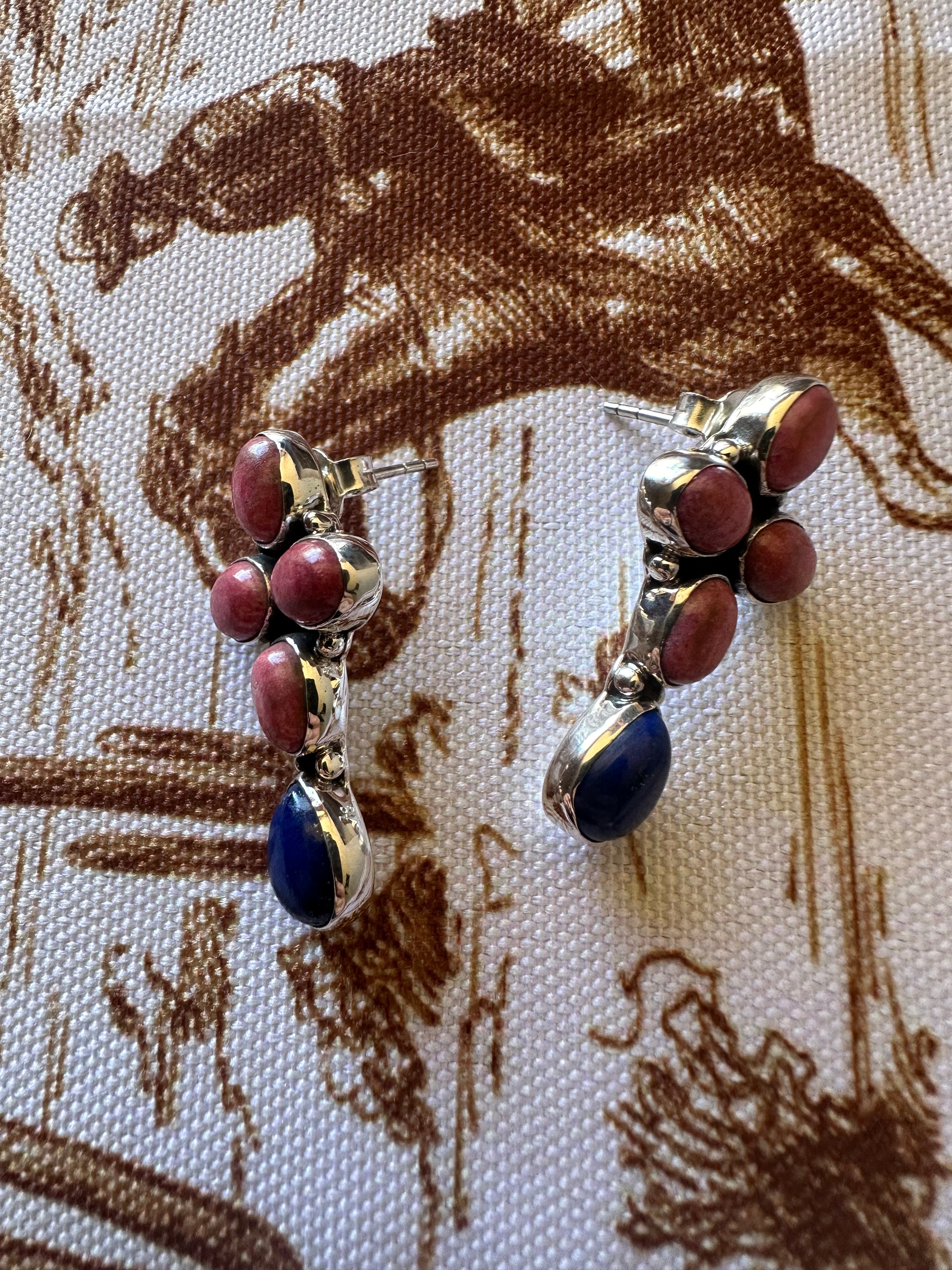 Handmade Lapis, Rhodonite and Sterling Silver Post Earrings Signed Nizhoni