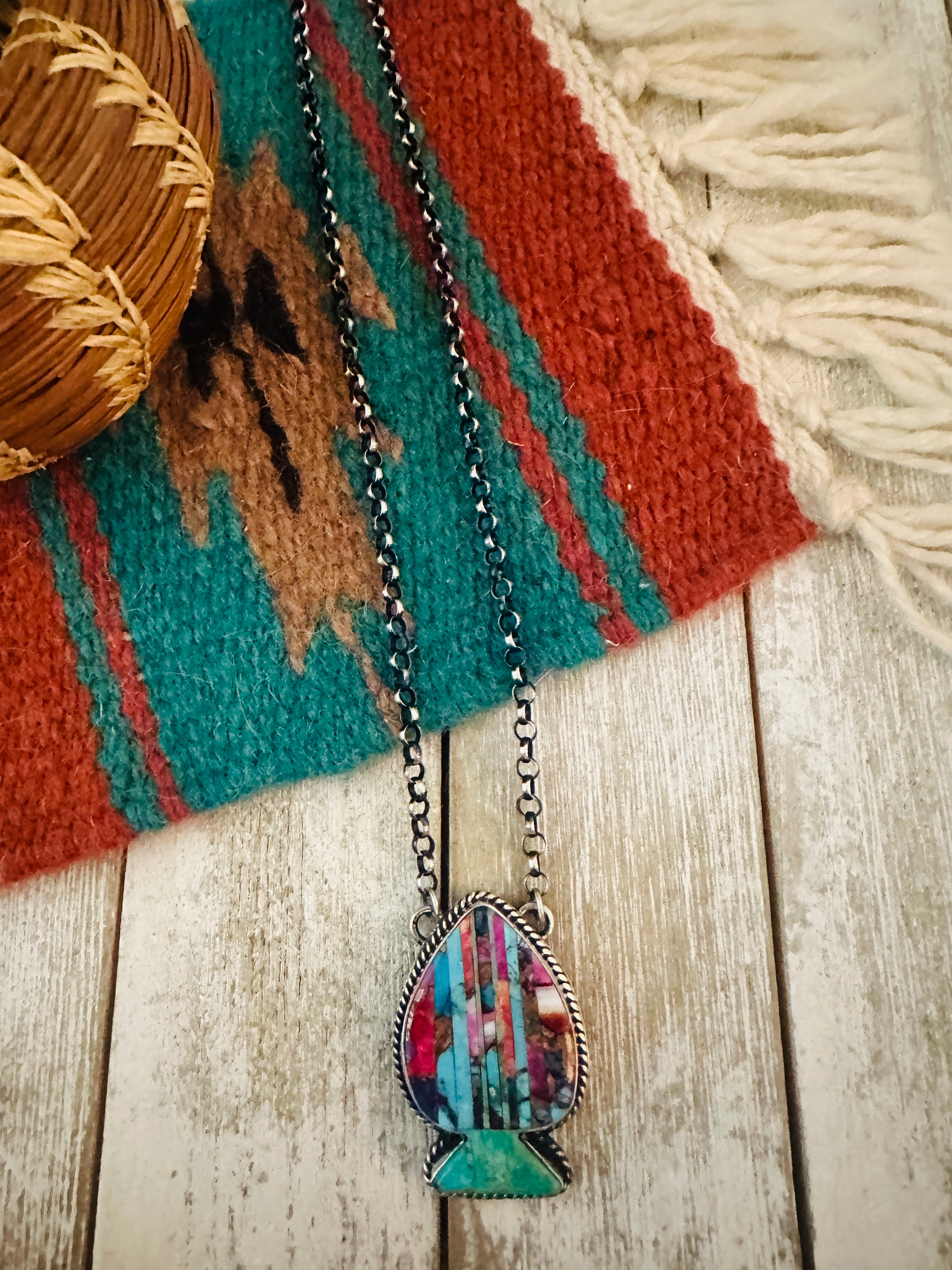 Navajo Sterling Silver & Multi Stone Inlay Spade Necklace