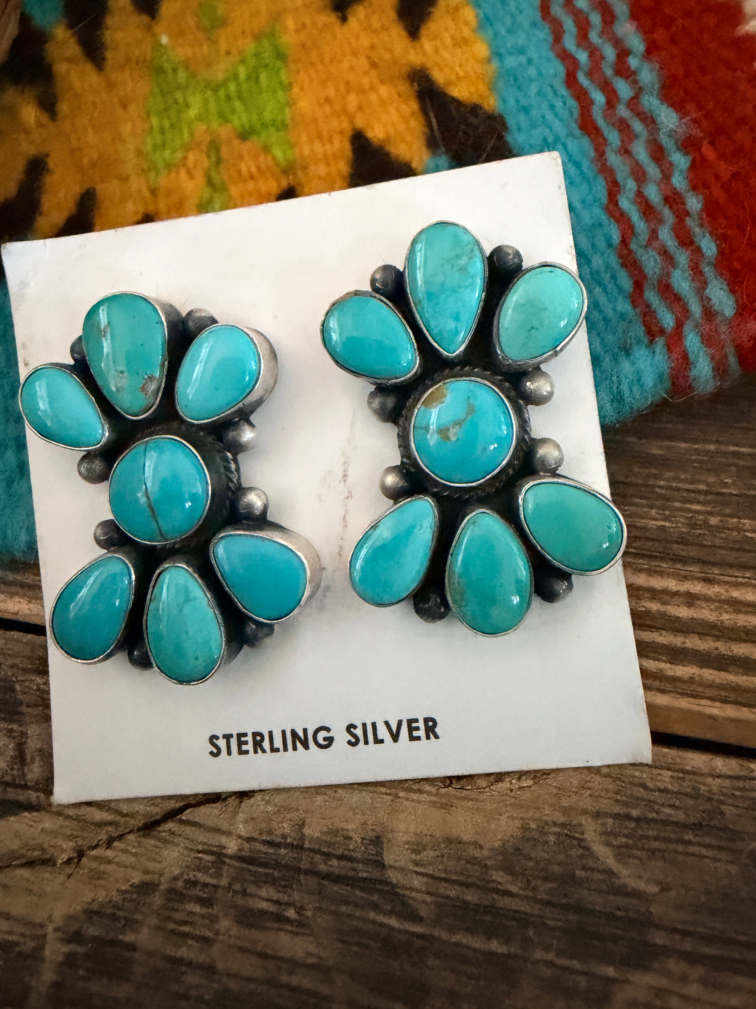 Handcrafted Turquoise & Sterling Silver Cluster Post Earrings