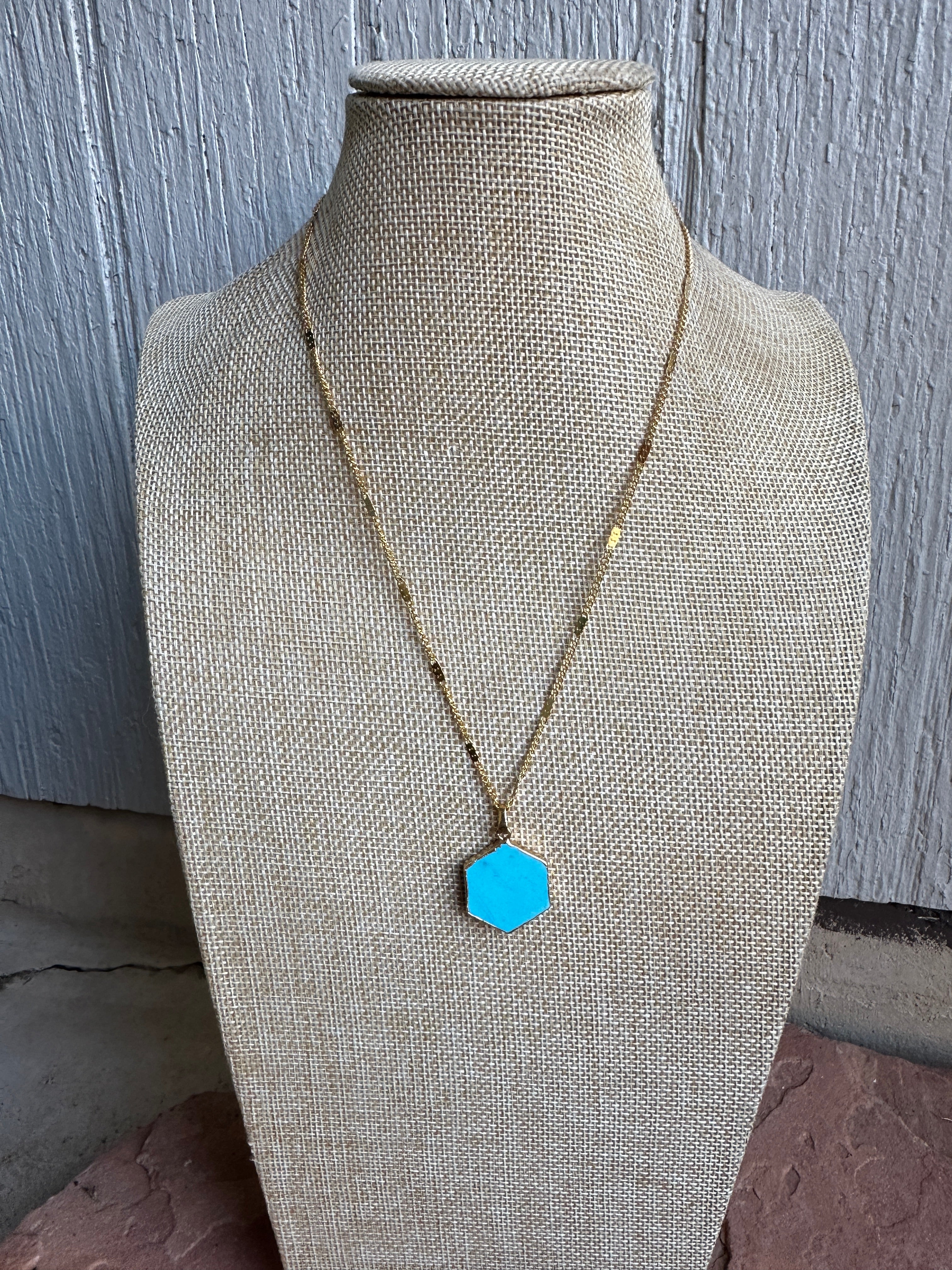 “The Golden Collection” Turquoise Hexagon Handmade Turquoise Gold Plated Necklace 18 Inches