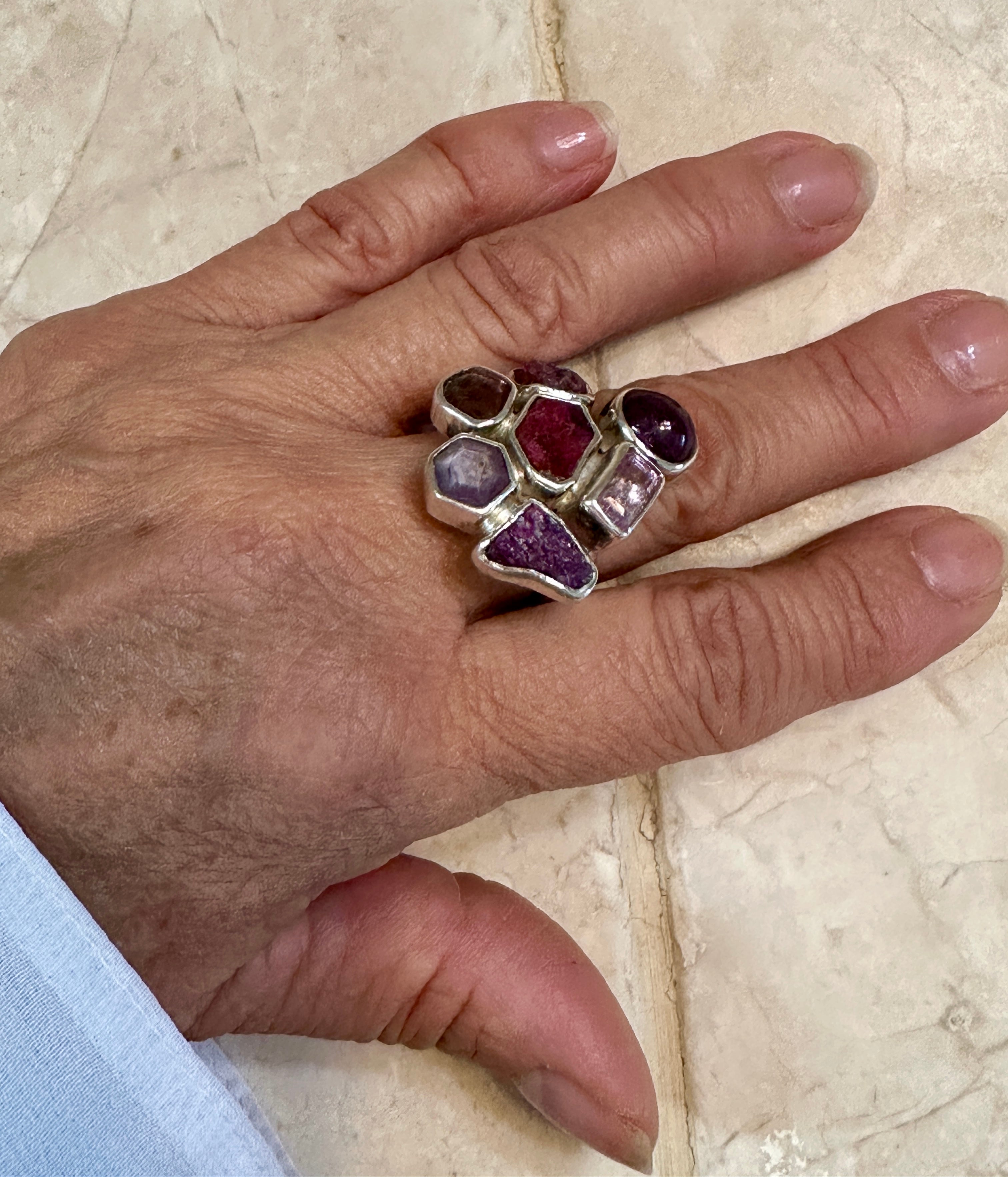 Amethyst Cluster Sterling Silver Ring Adjustable