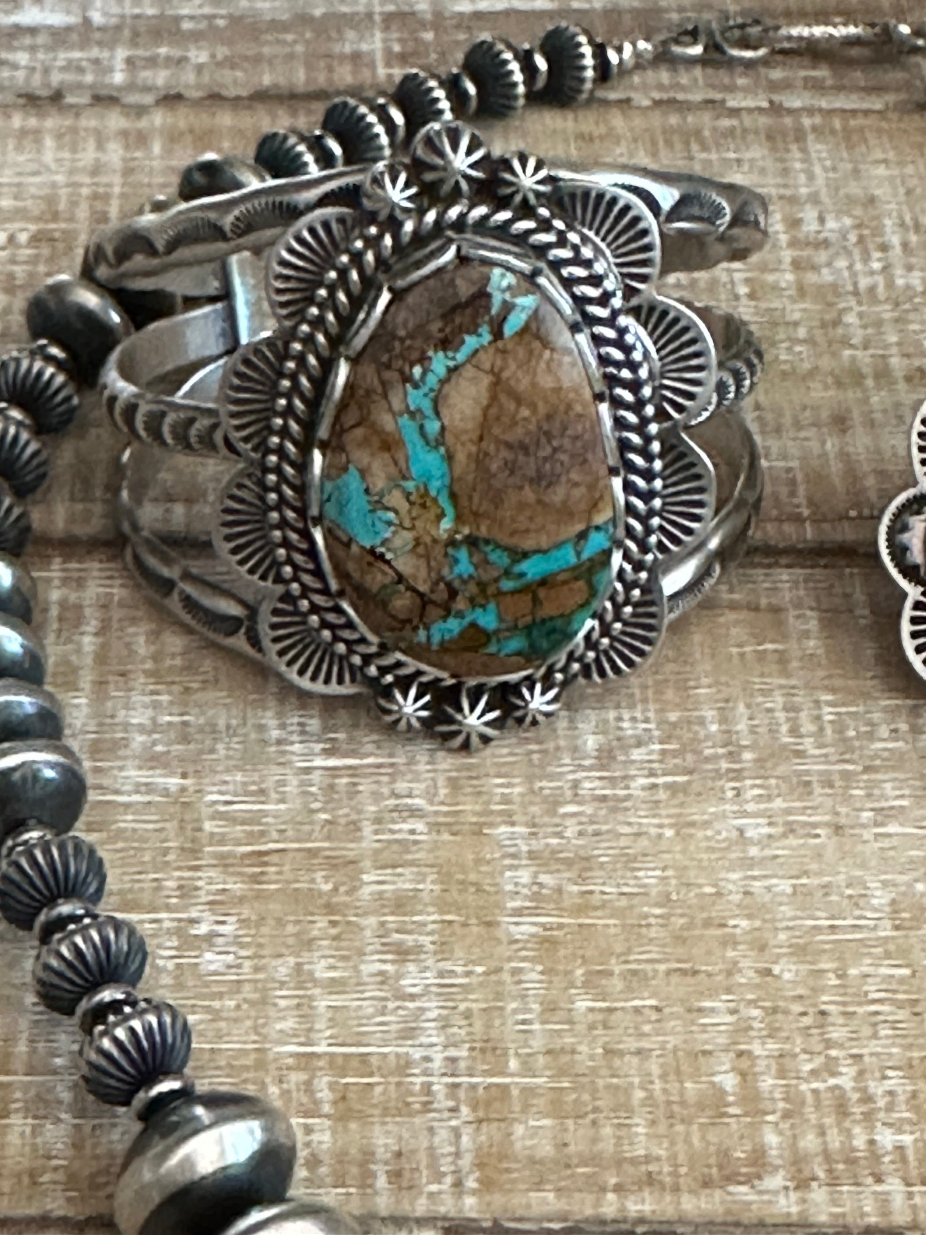 Charles Johnson Navajo Ribbon Turquoise & Sterling Silver Necklace, Bracelet and Ring  Set Signed