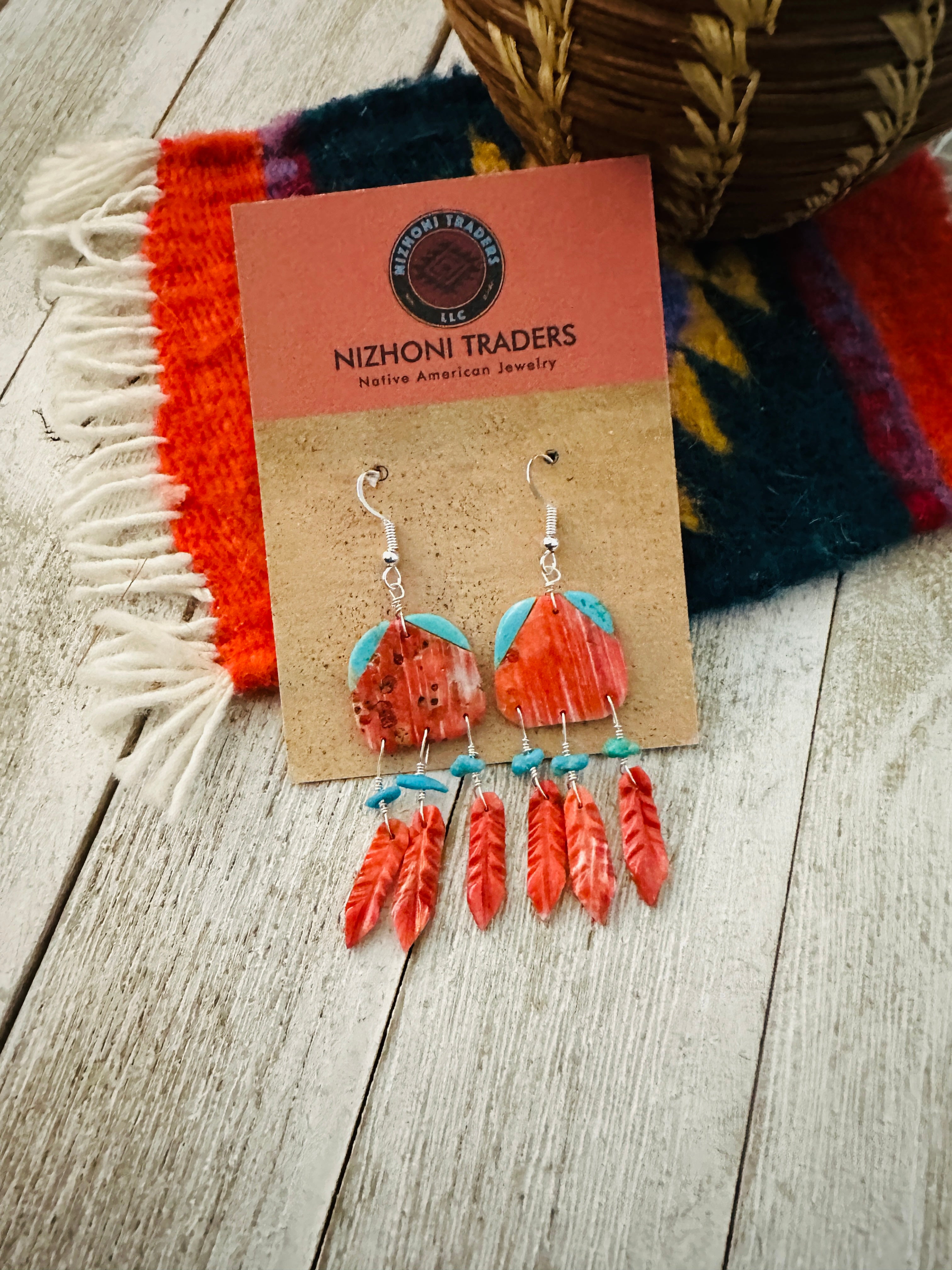 Santo Domingo Spiny & Turquoise Feather Dangle Earrings