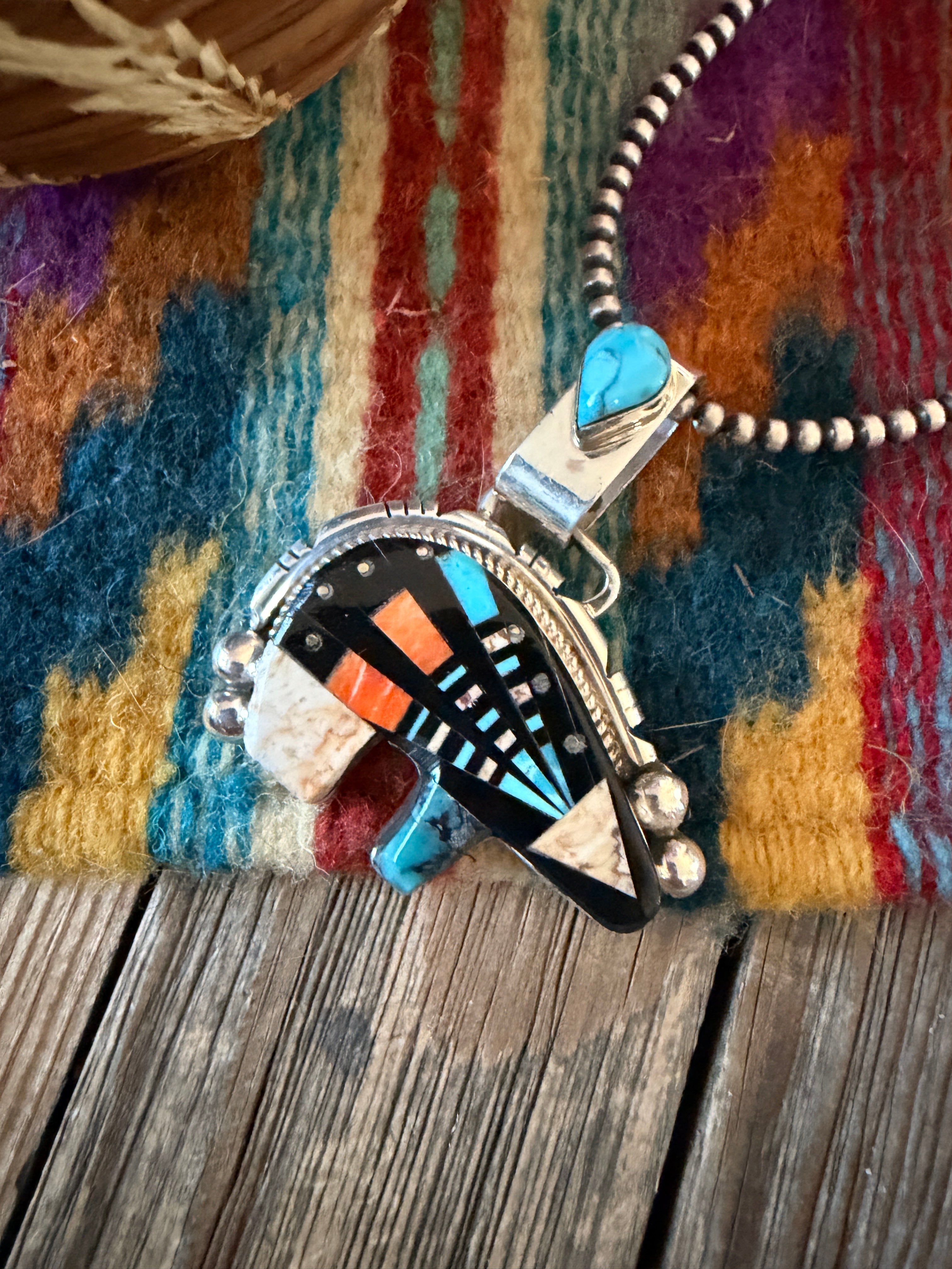 Handcrafted Sterling Silver and Multi Stone Inlay Bear Pendant by Ray Jack