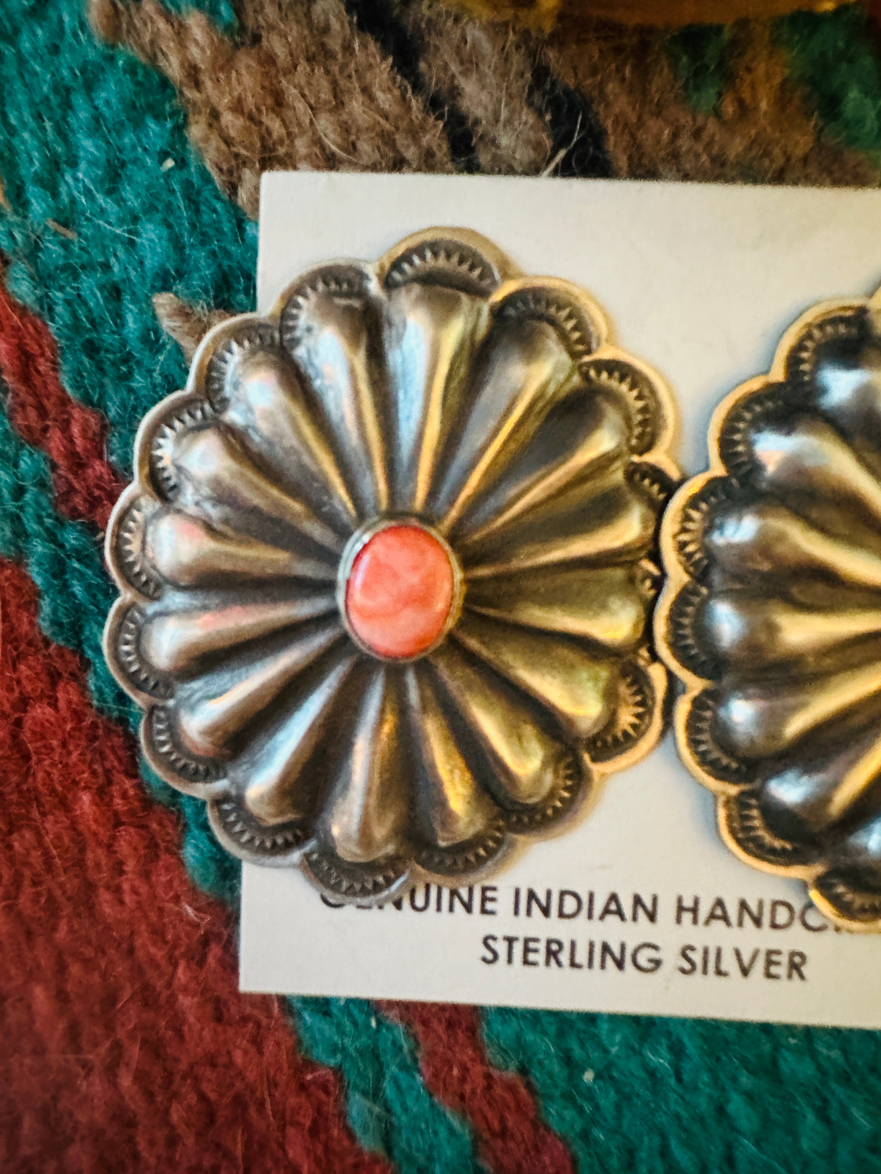 Handcrafted Orange Spiny & Sterling Silver Concho Post Earrings