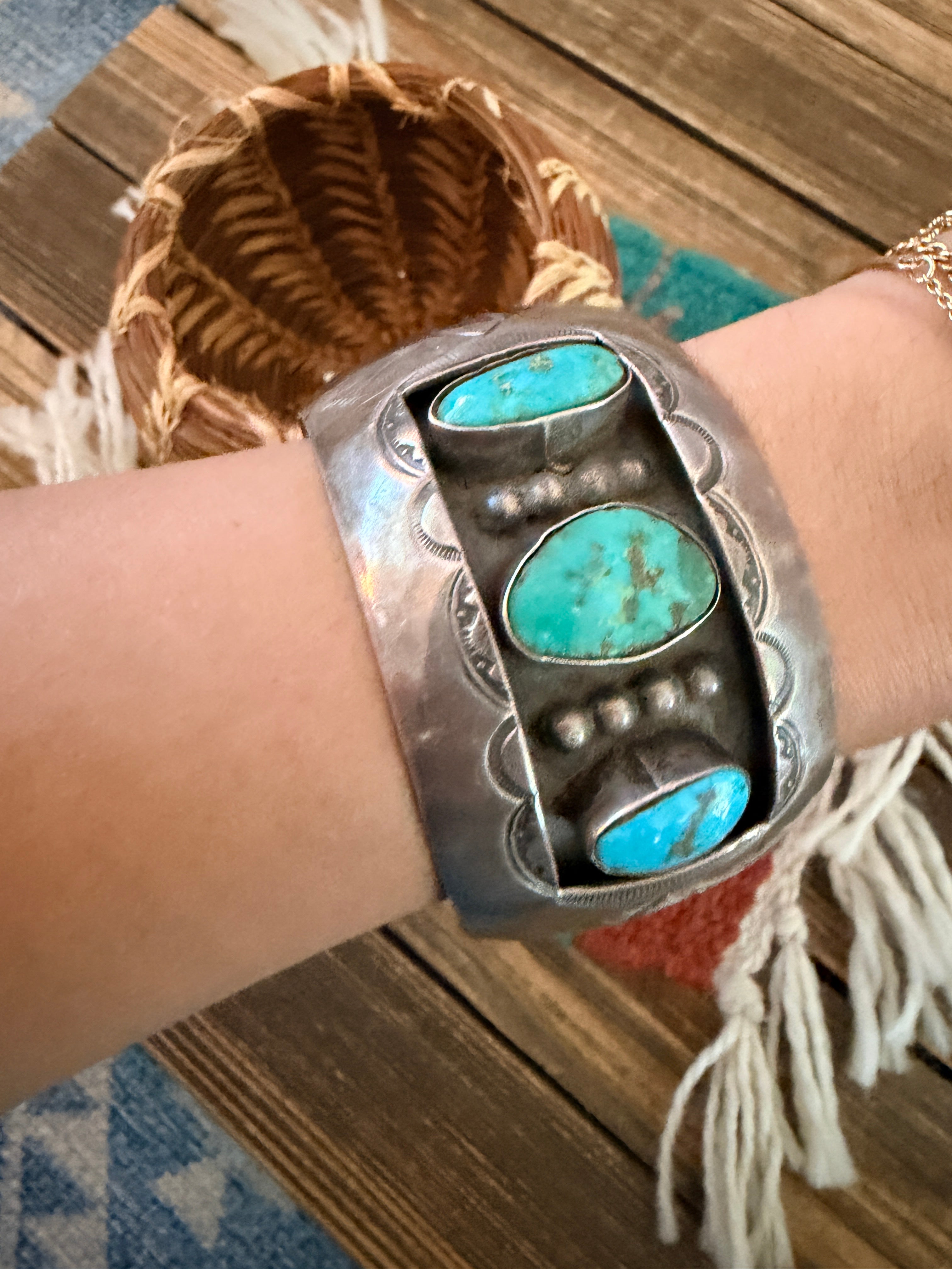 Handcrafted Old Pawn Sterling Silver & Multi Turquoise Shadowbox Cuff Bracelet