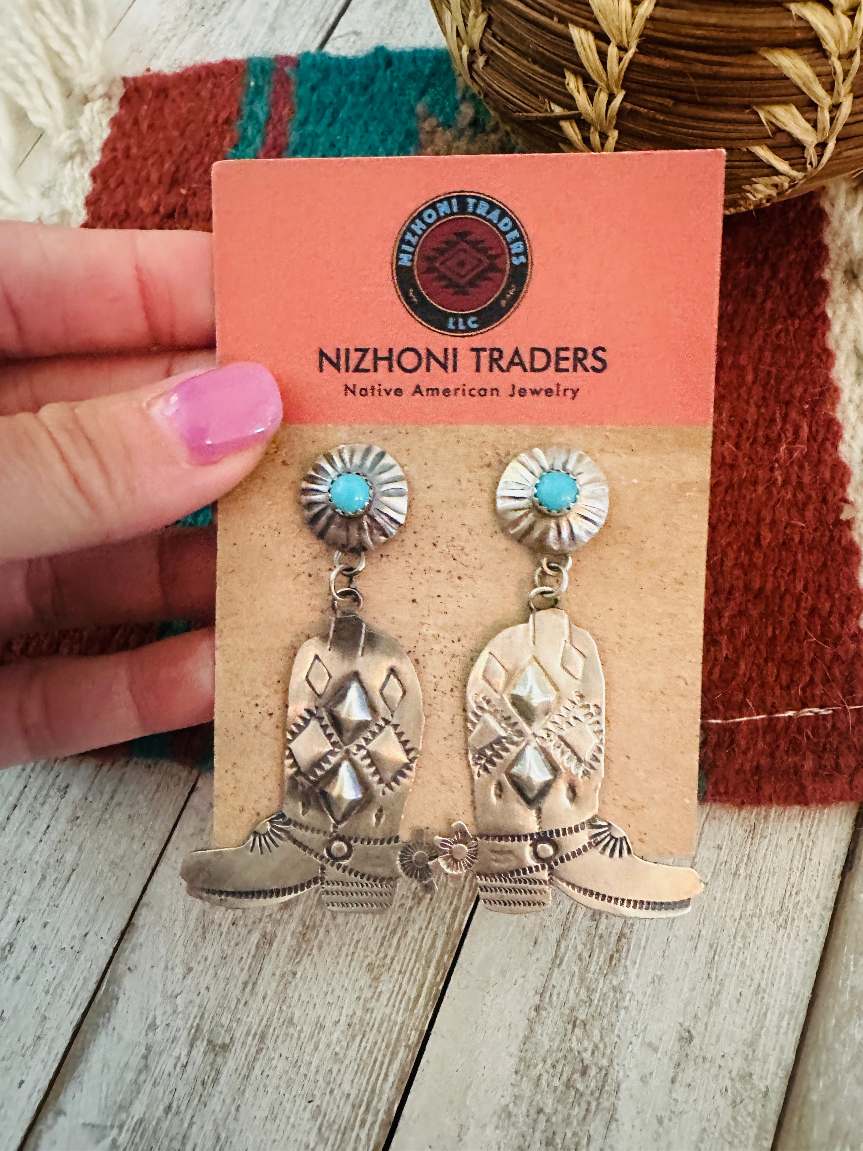 Navajo Turquoise & Sterling Silver Cowboy Boot Dangle Earrings By Tim Yazzie