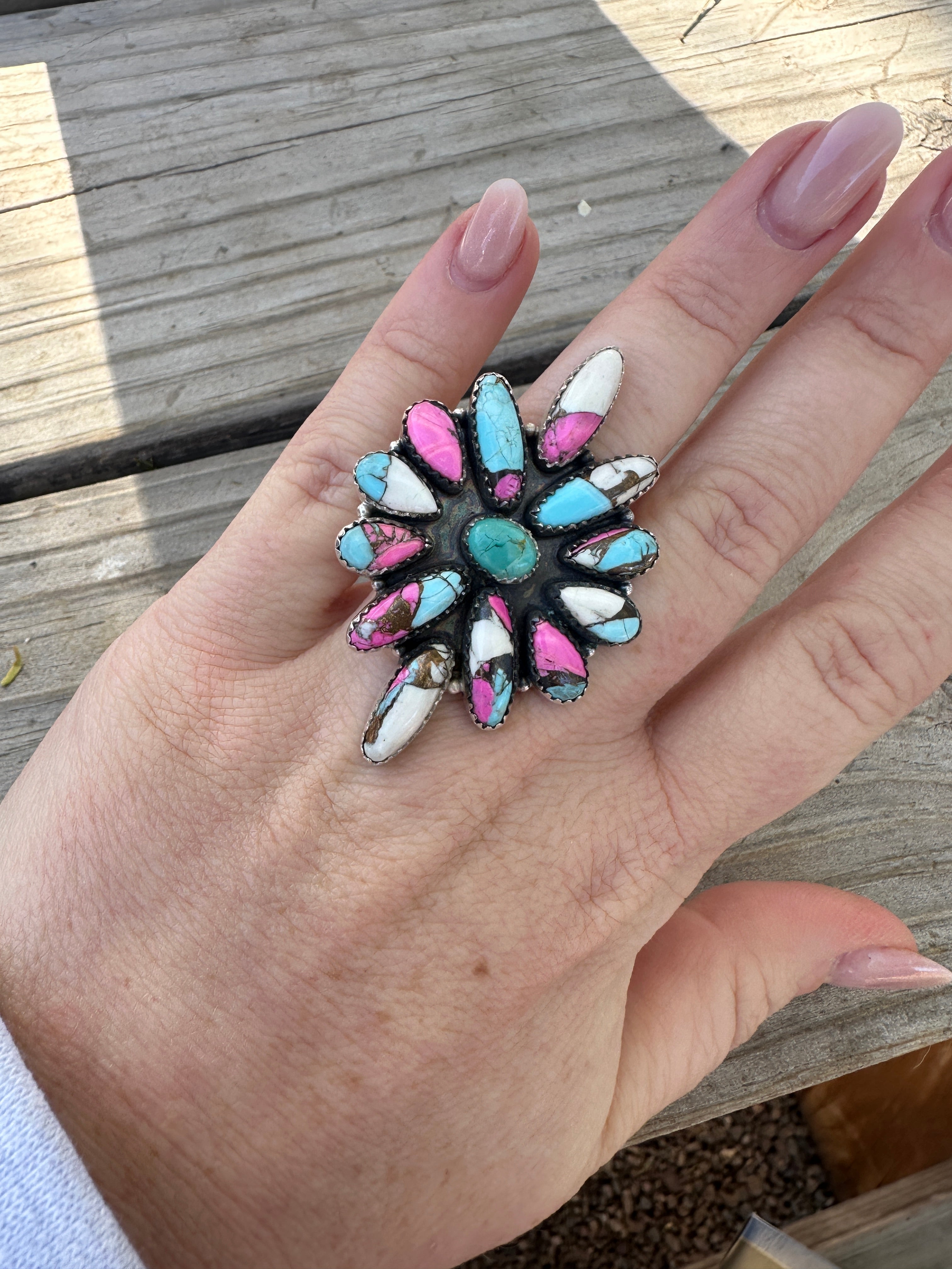 Handmade Cotton Candy Sterling Adjustable Cluster Ring